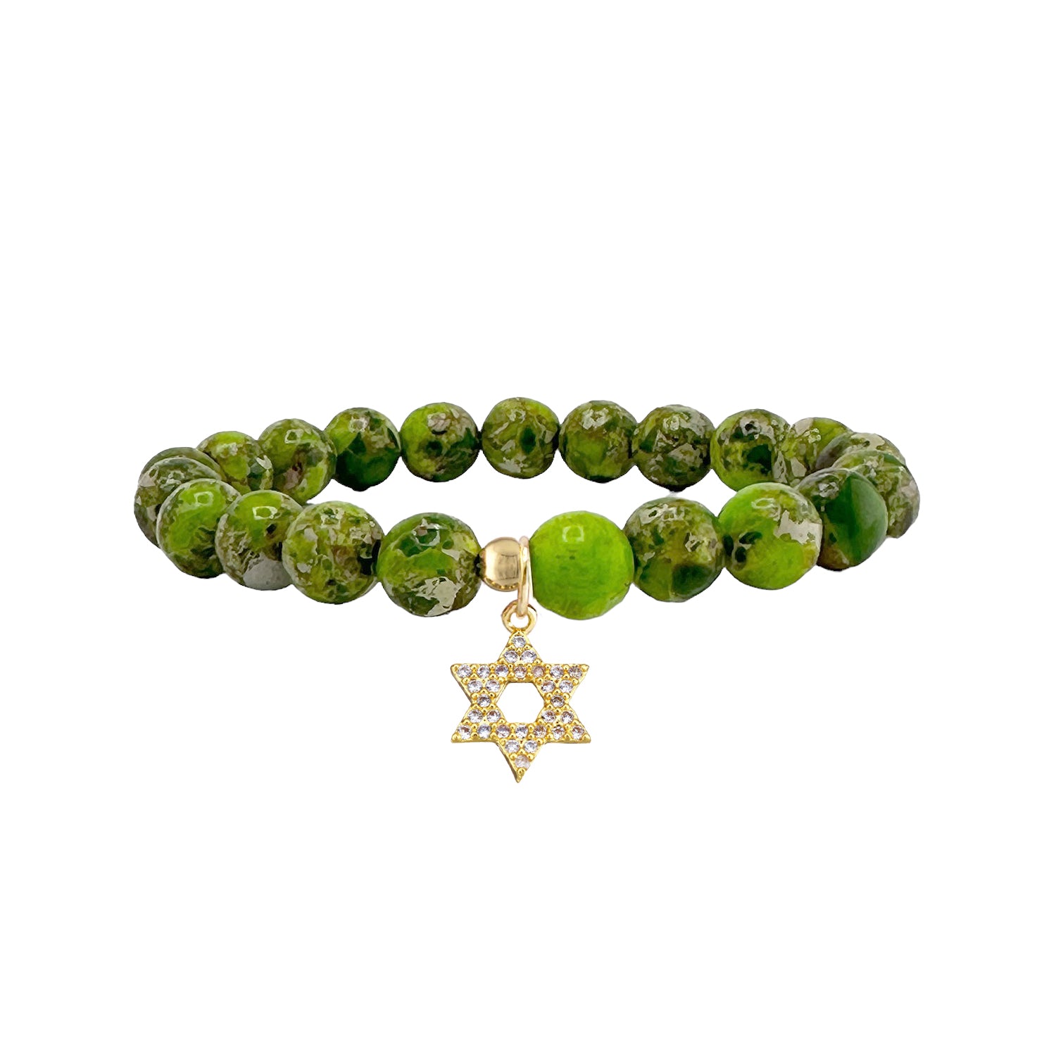 green sea sediment gemstone stretch bracelet pave star of david charm religious beaded jewelry
