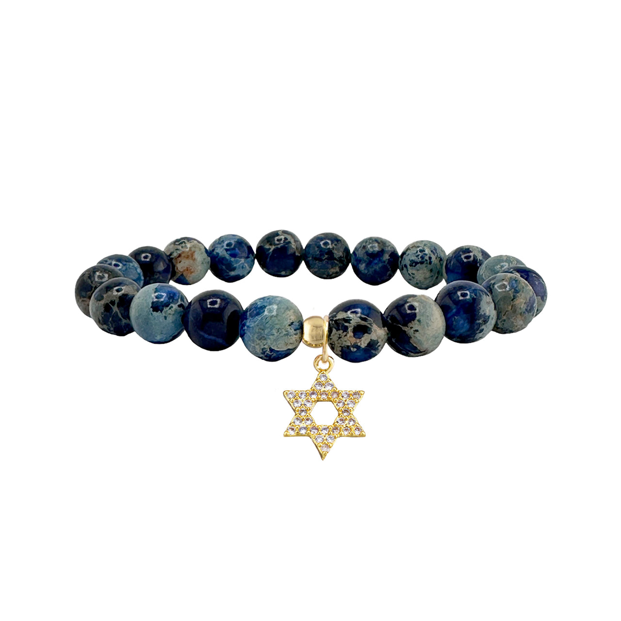 navy blue sea sediment gemstone stretch bracelet with pave star of david charm