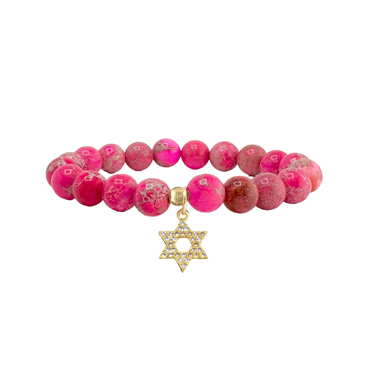pink sea sediment gemstone stretch bracelet with pave star of david charm meaningful jewish jewelry
