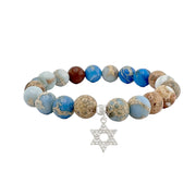 sand blue sea sediment gemstone stretch bracelet with pave star of david charm meaningful jewish jewelry
