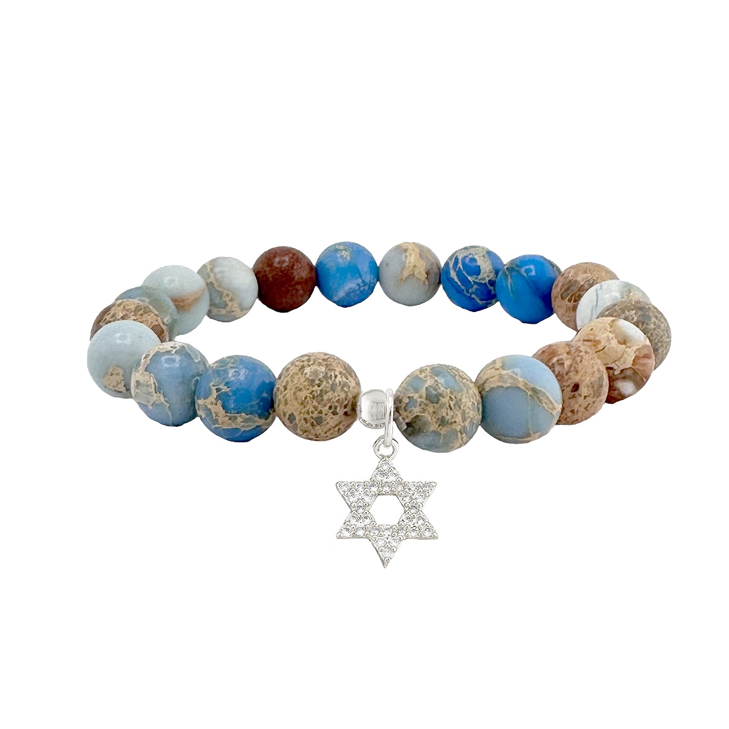 sand blue sea sediment gemstone stretch bracelet with pave star of david charm meaningful jewish jewelry