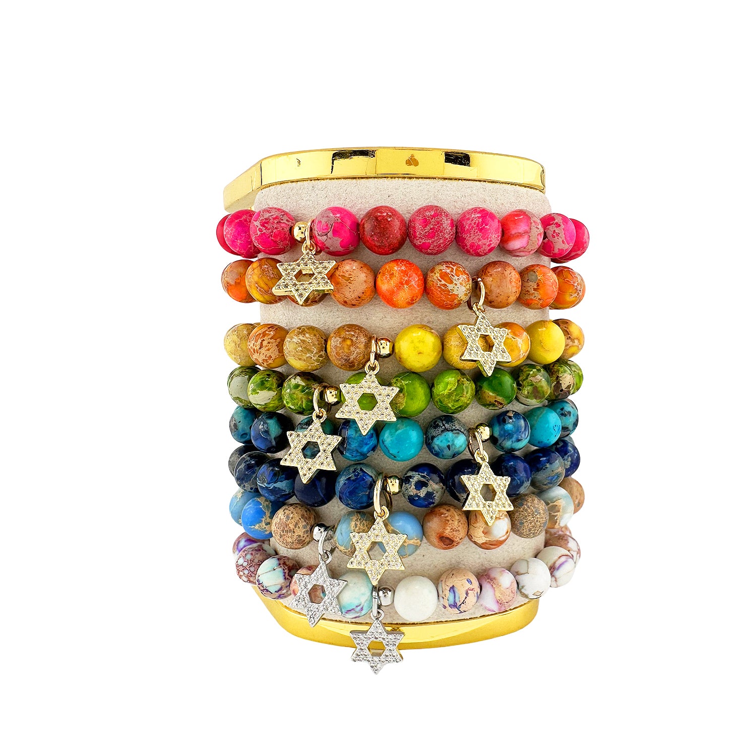 shayna pave star of david sea sediment gemstone charm bracelet stack colorful faith inspired jewelry display 