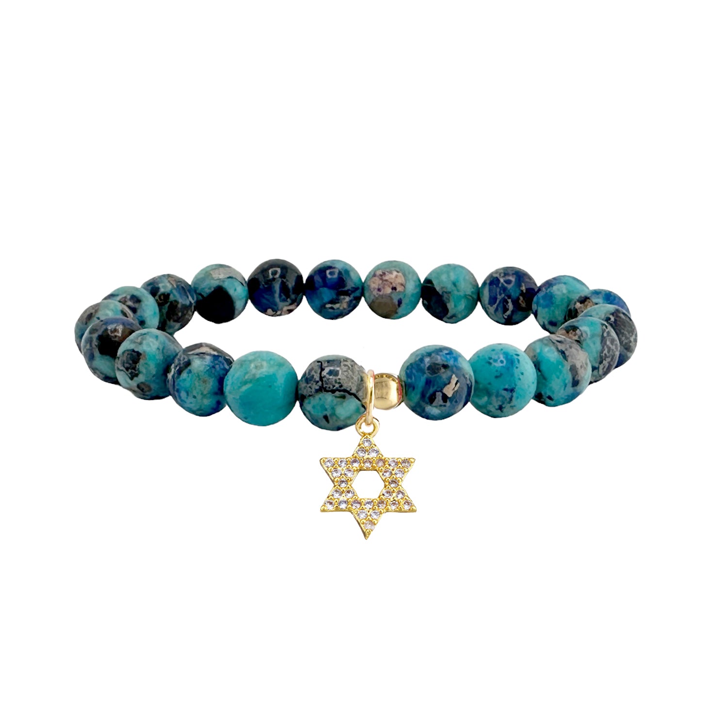 turquoise sea sediment gemstone stretch bracelet with pave star of david charm meaningful jewish jewelry