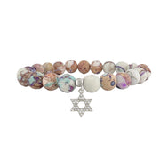 white blue purple sea sediment gemstone stretch bracelet with pave star of david charm meaningful jewish jewelry