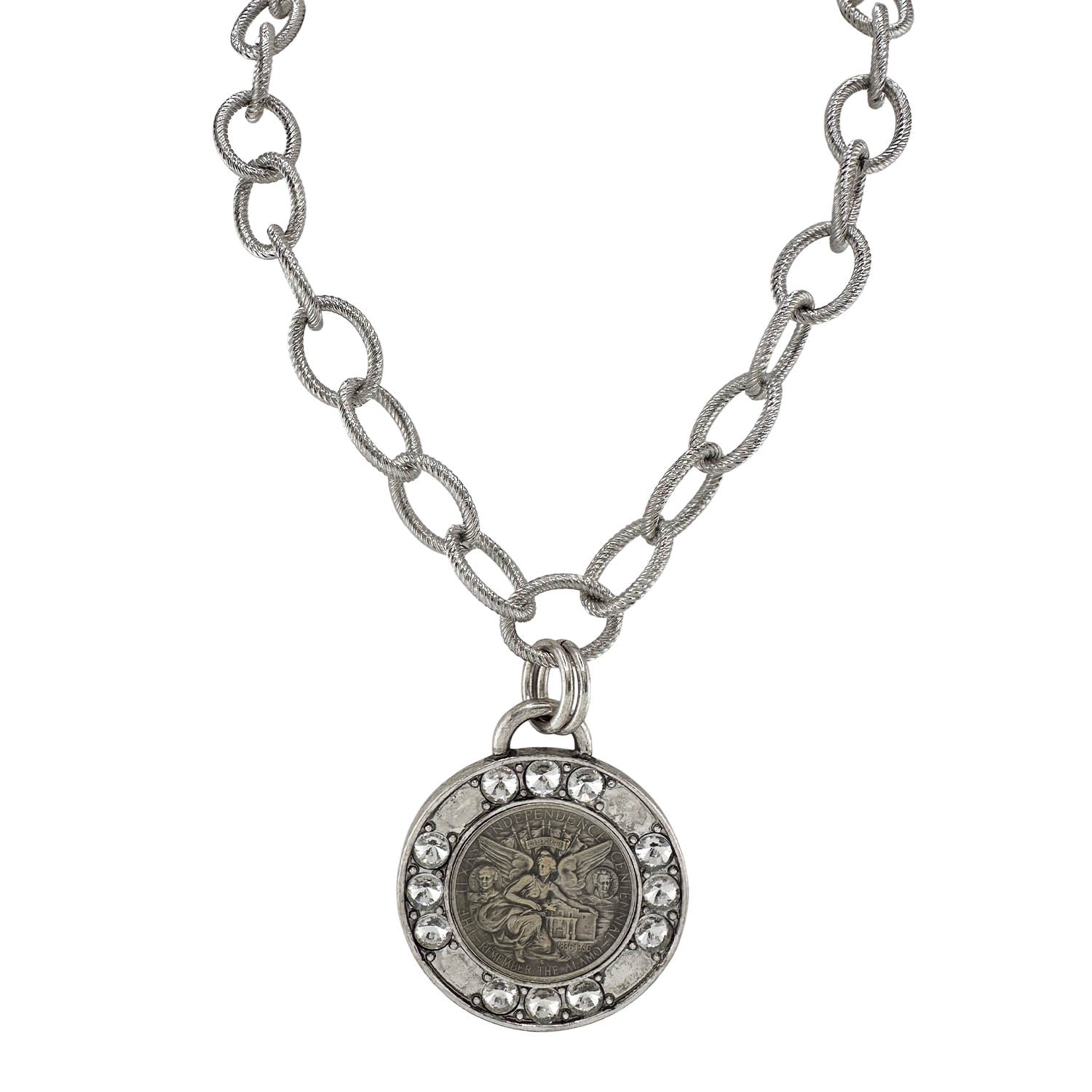 Silver chain necklace with a round pendant featuring an angel design on a white background
