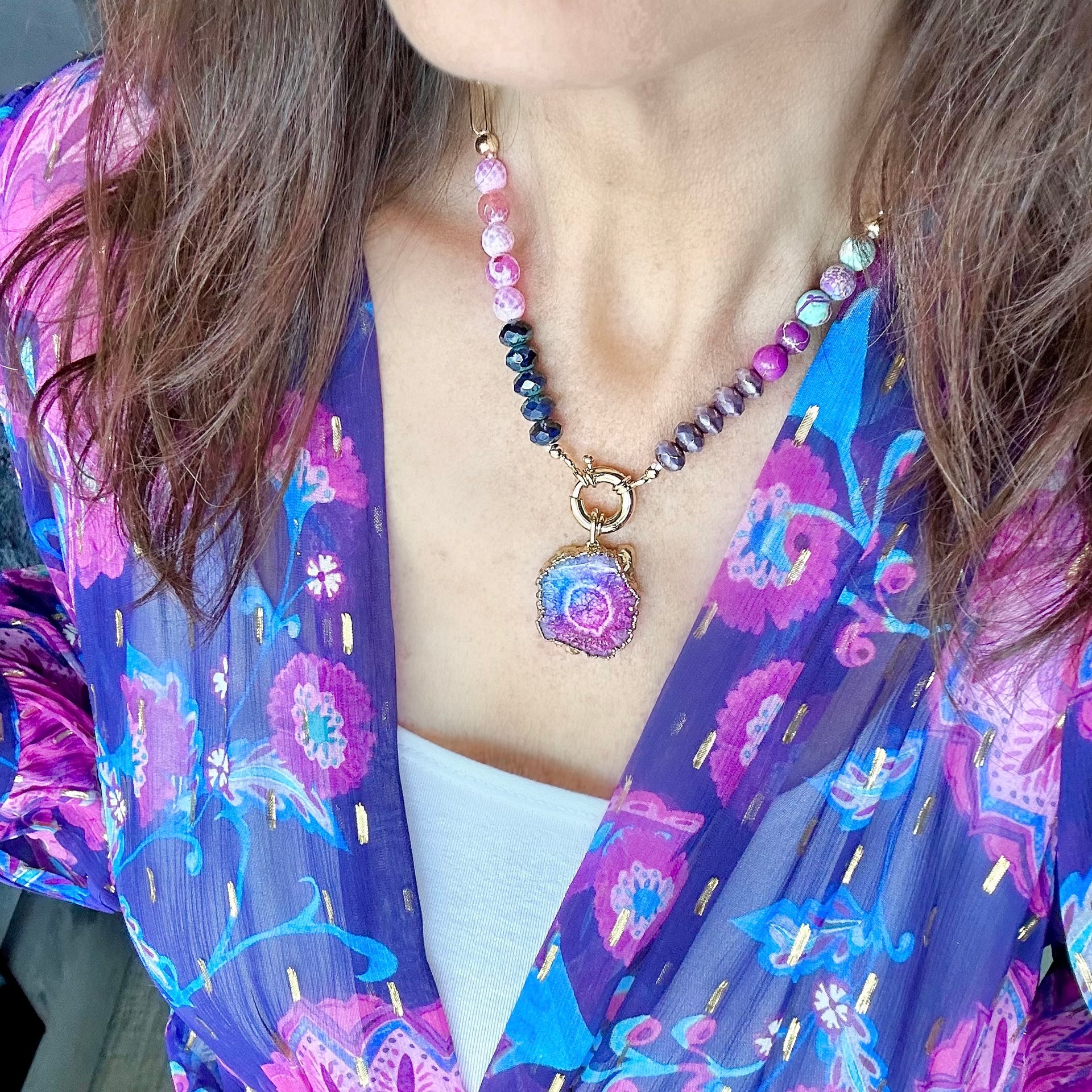 Love Lisa sherry raspberry druzy necklace worn layered with colorful gemstone beads