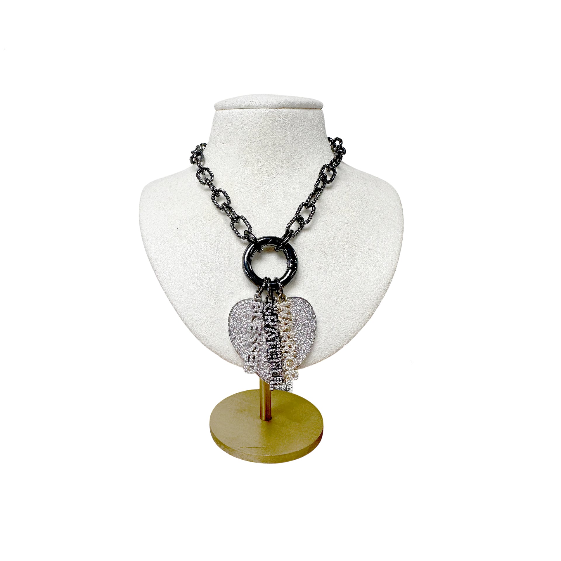 Love Lisa shimmering word charm layered on necklace with heart charm on gunmetal clasp necklace display