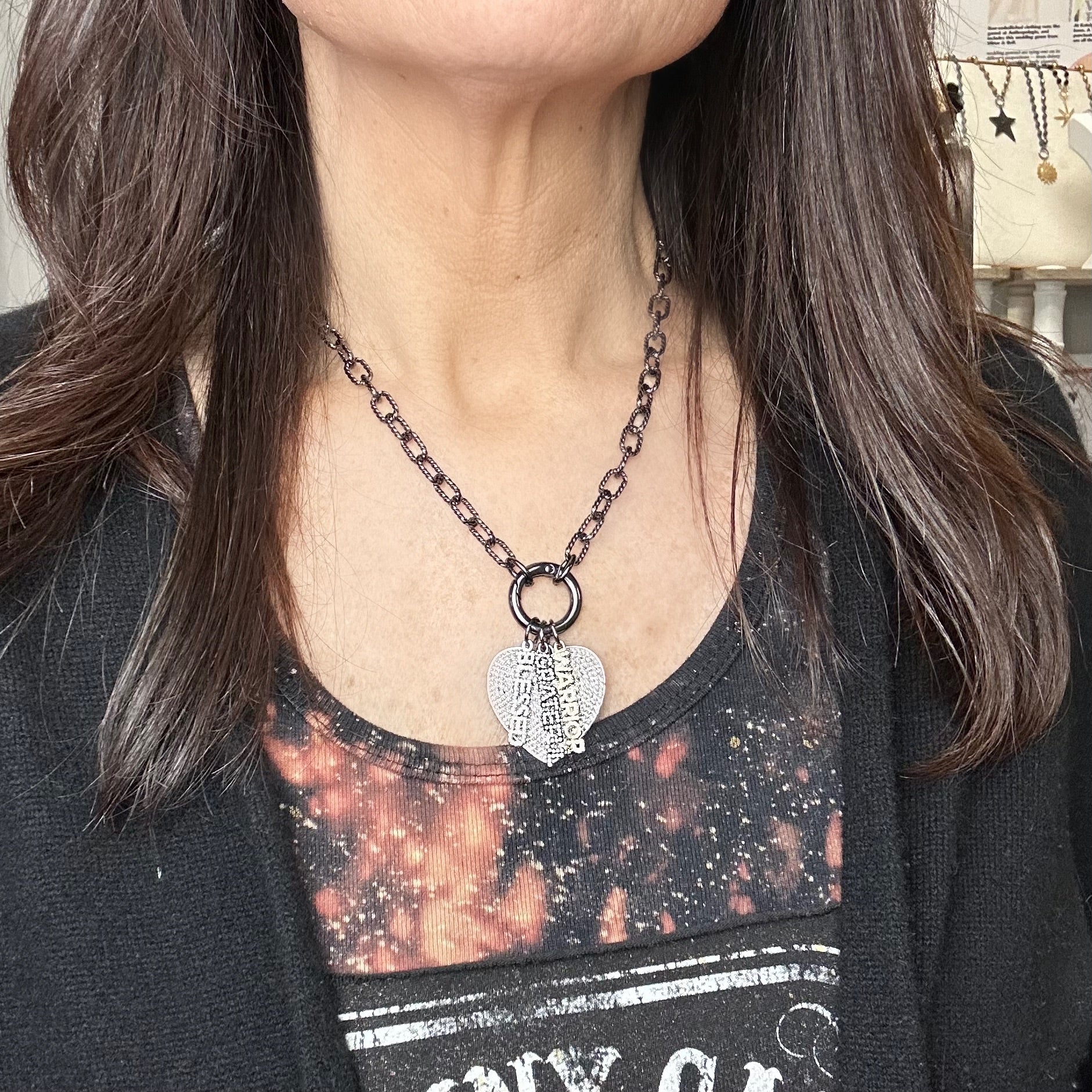 Love Lisa shimmering word charm layered on heart charm necklace 