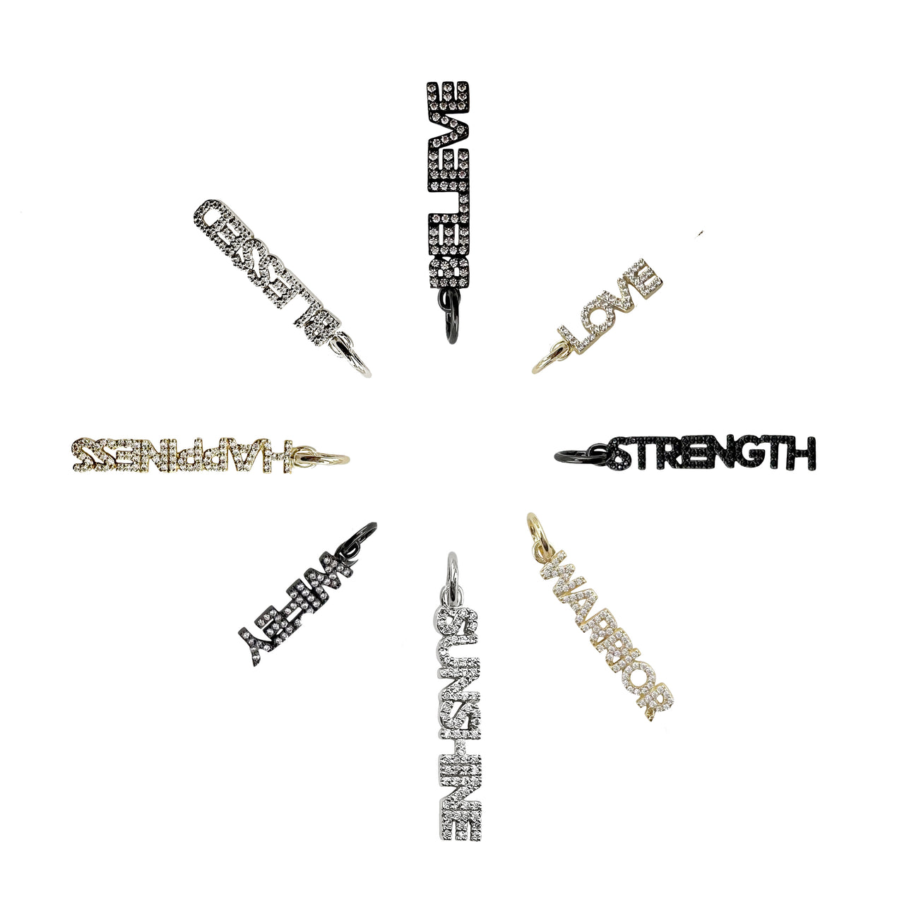 Love Lisa shimmering word charms with pave crystals in gold silver gunmetal and black finishes