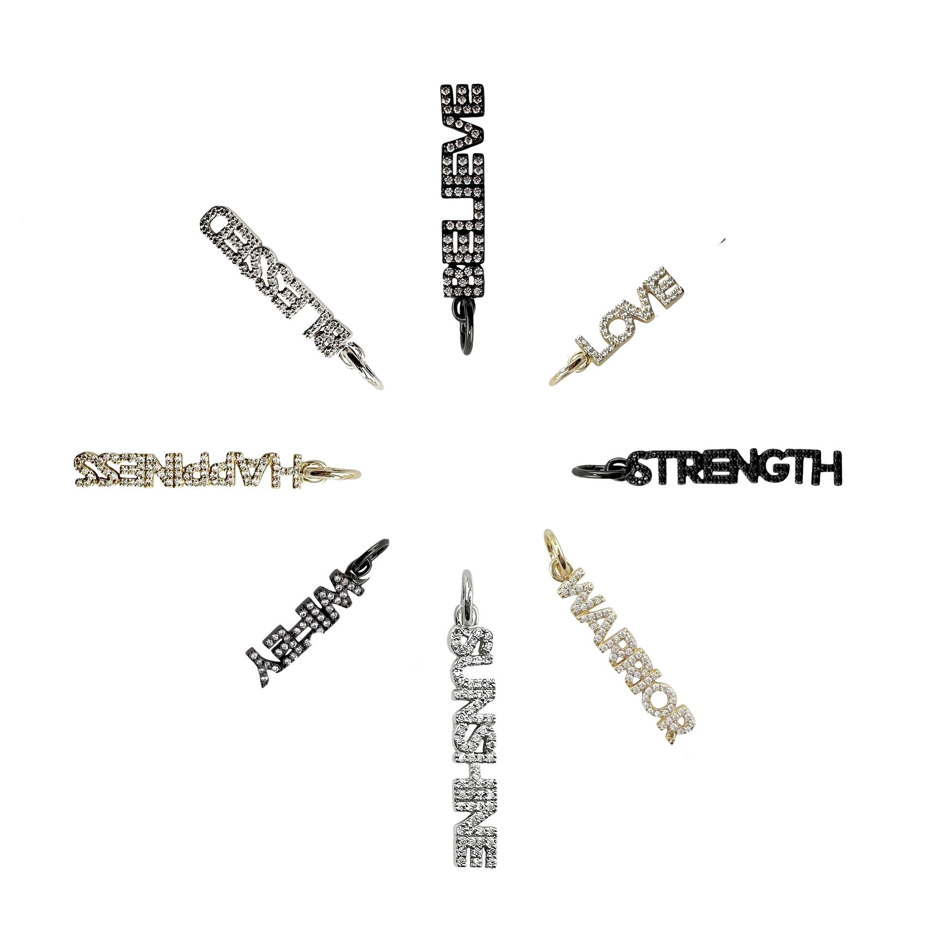 Love Lisa shimmering word charms with pave crystals in gold silver gunmetal and black finishes