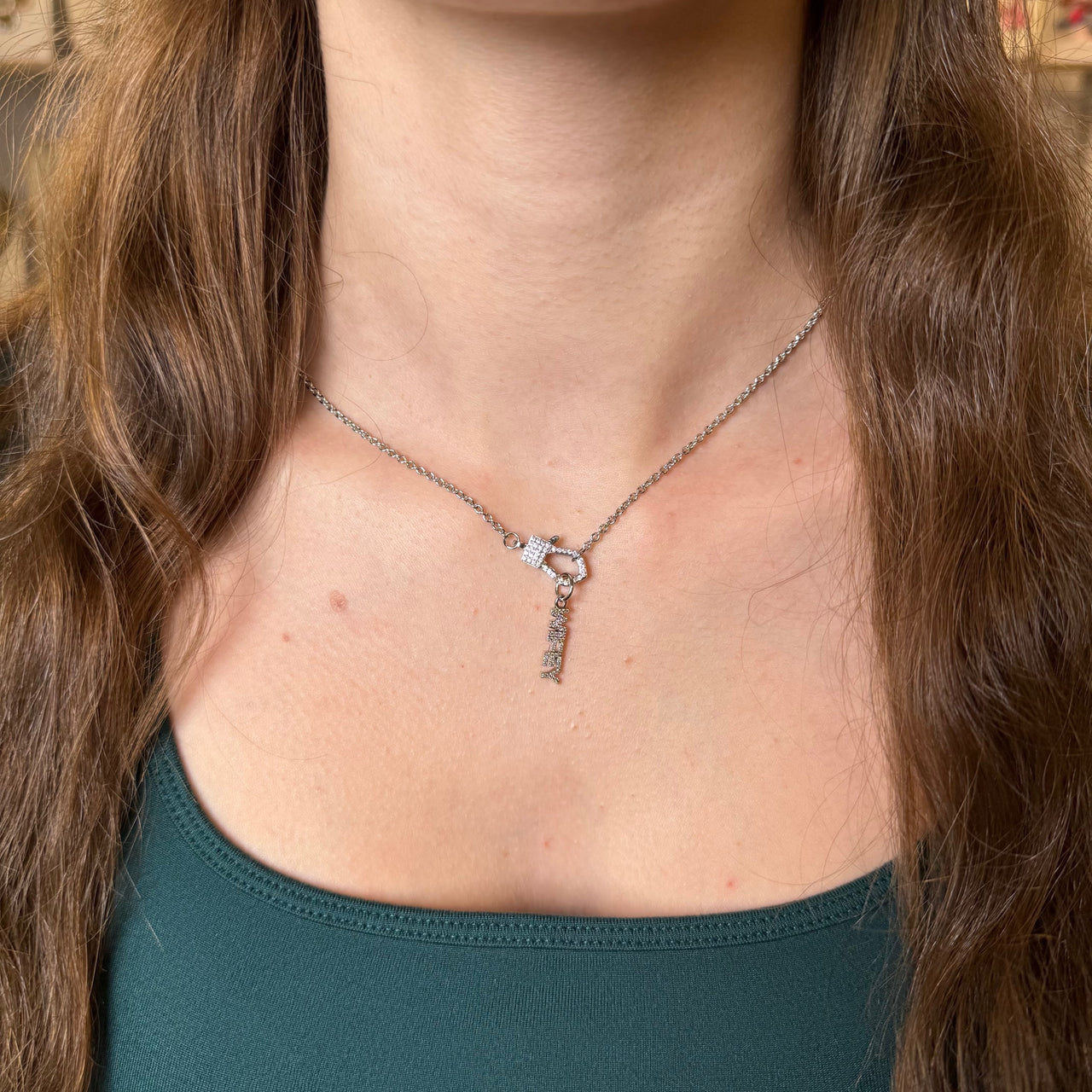 Love Lisa shimmering wifey word charm on clasp necklace for everyday styling