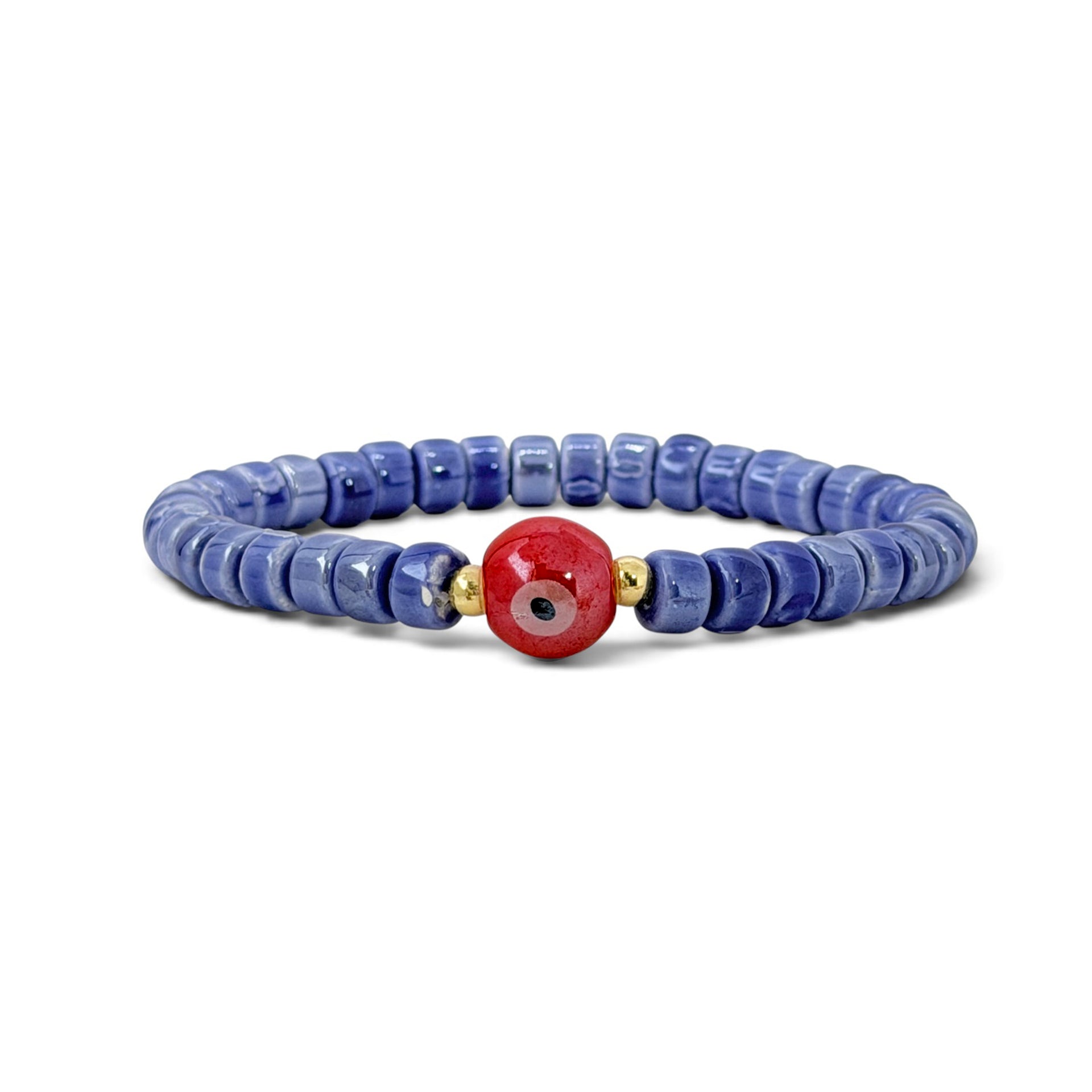 Sienna Ceramic Evil Eye Stretch Bracelet in blue with glossy ceramic beads gold-tone accents and ceramic evil eye focal bead