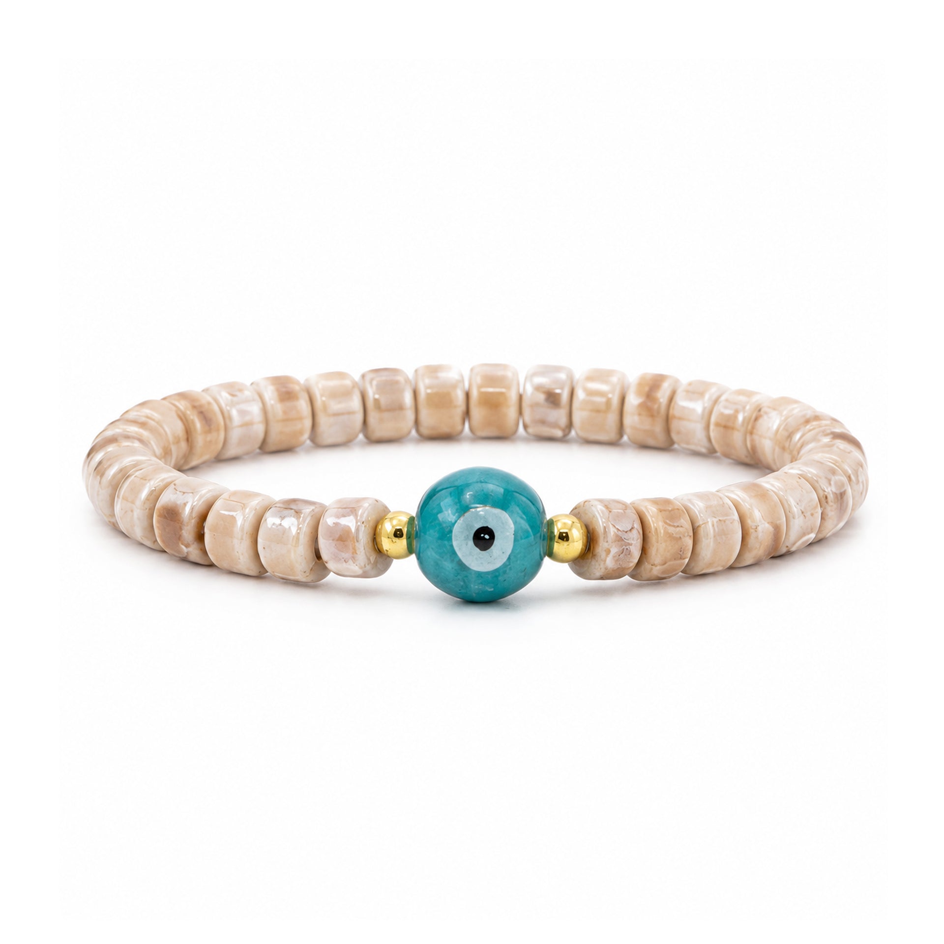 Sienna Ceramic Evil Eye Stretch Bracelet in brown with glossy 6mm ceramic beads gold-tone accents and ceramic evil eye focal bead