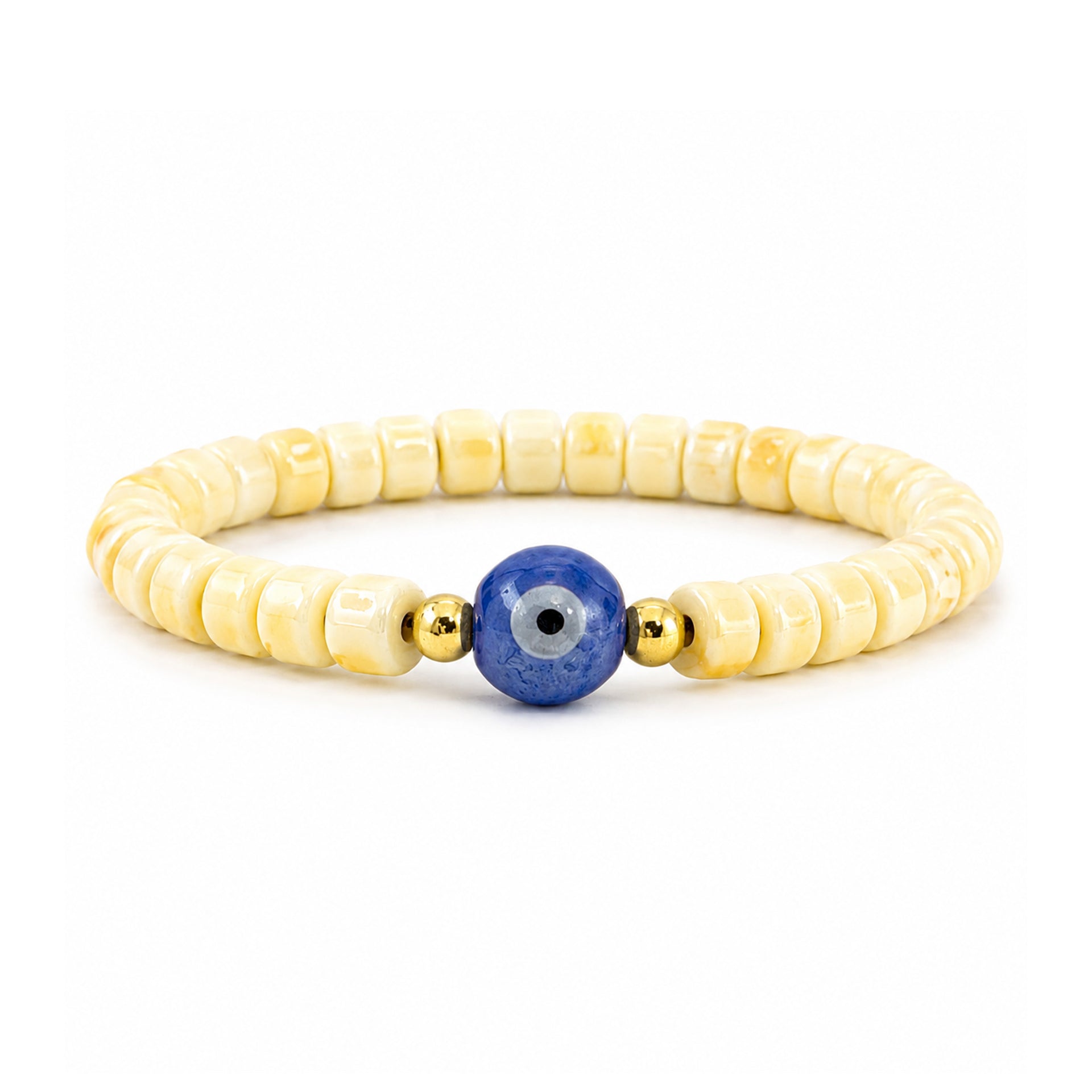 Sienna Ceramic Evil Eye Stretch Bracelet in Empire Yellow with glossy ceramic beads gold-tone accents and ceramic evil eye focal bead