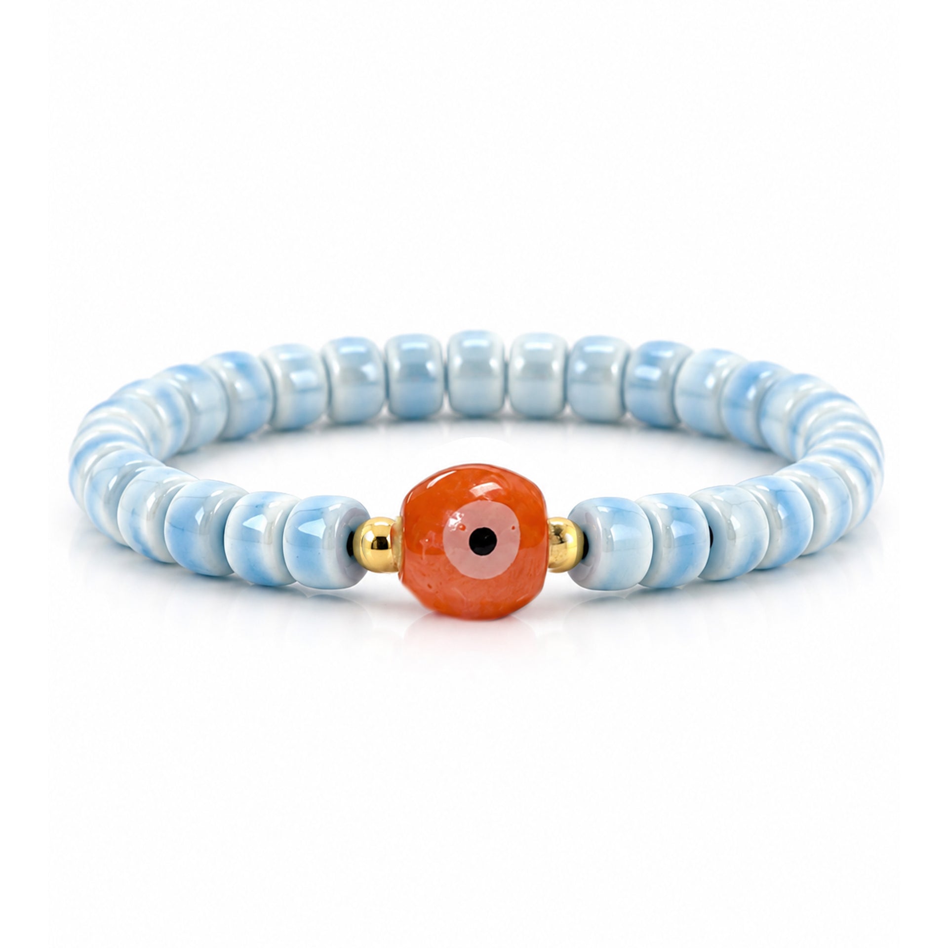 Sienna Ceramic Evil Eye Stretch Bracelet in light blue with glossy 6mm ceramic beads gold-tone accents and ceramic evil eye focal bead