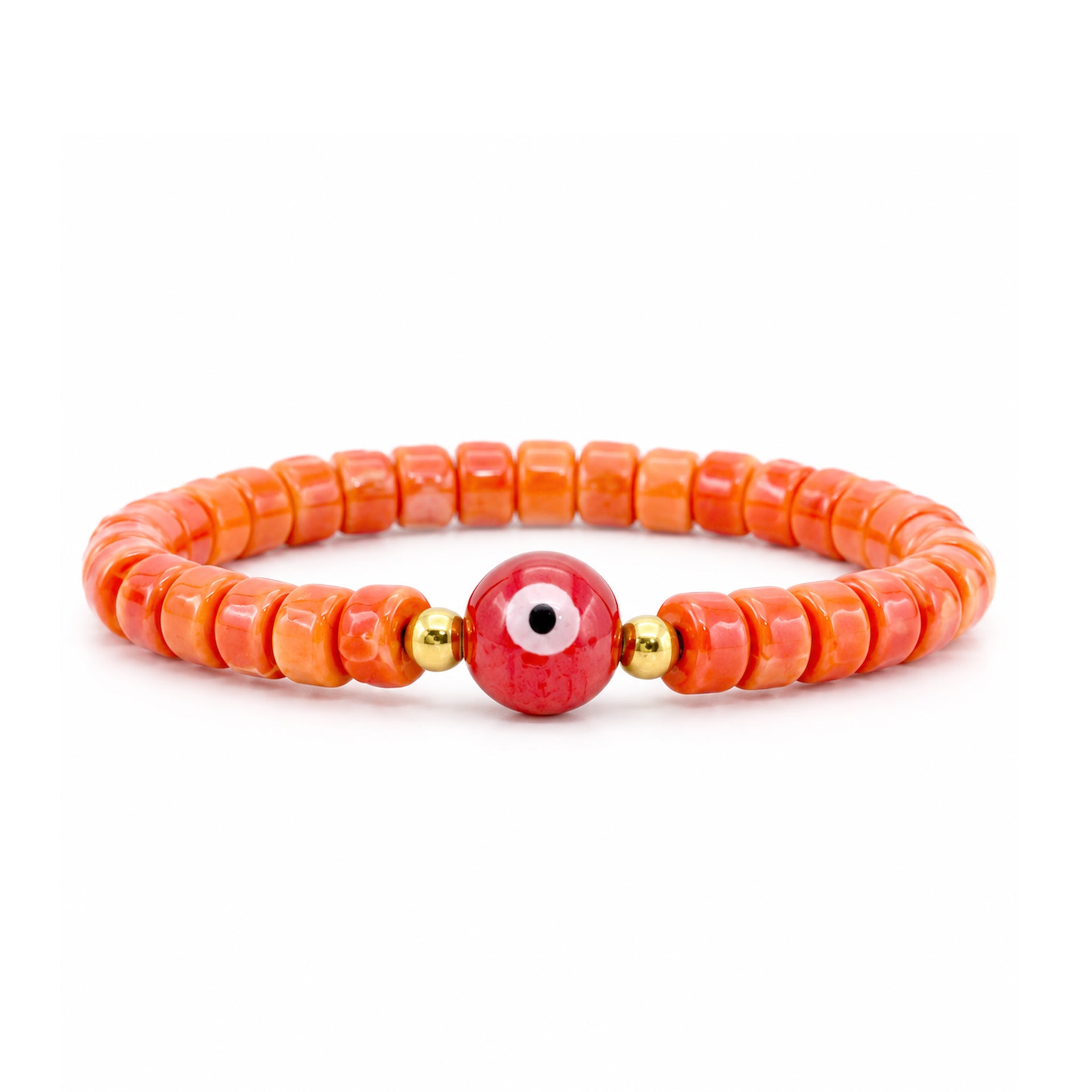 Sienna Ceramic Evil Eye Stretch Bracelet in orange with glossy 6mm ceramic beads gold-tone accents and ceramic evil eye focal bead