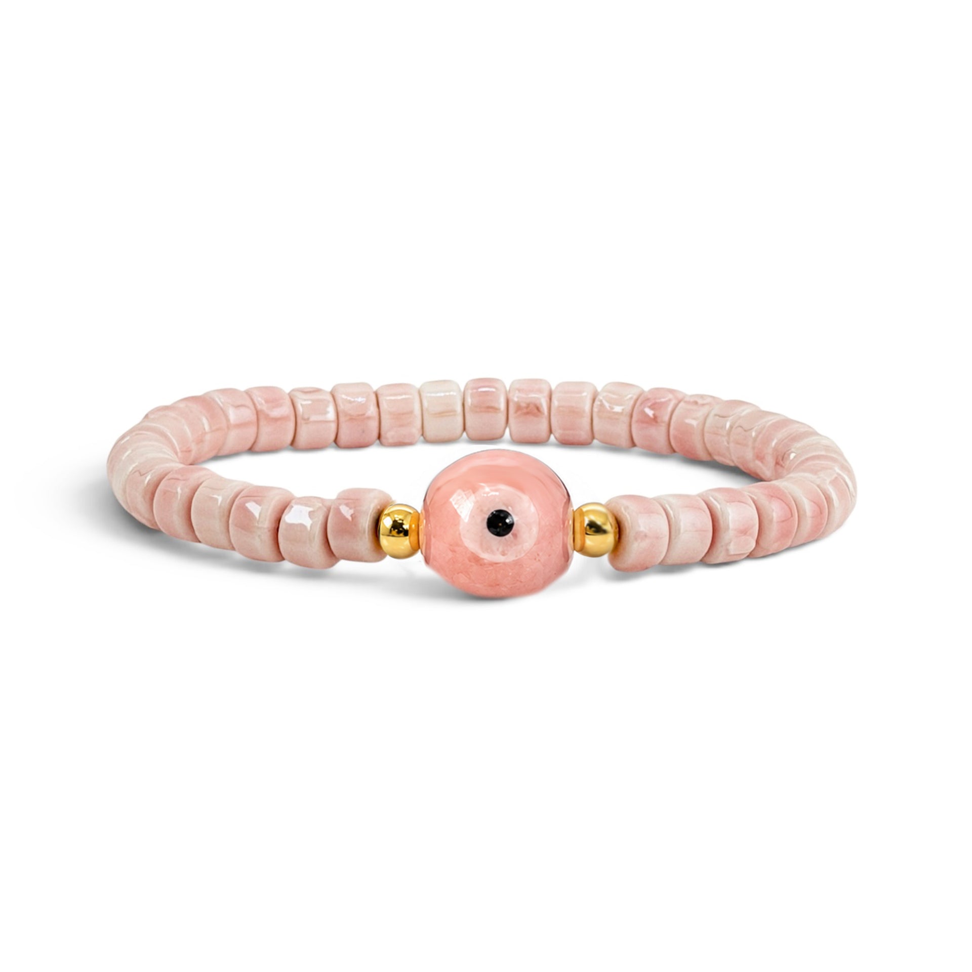 Love Lisa Sienna Ceramic Evil Eye Stretch Bracelet in pink with glossy 6mm ceramic beads gold-tone accents and ceramic evil eye focal bead