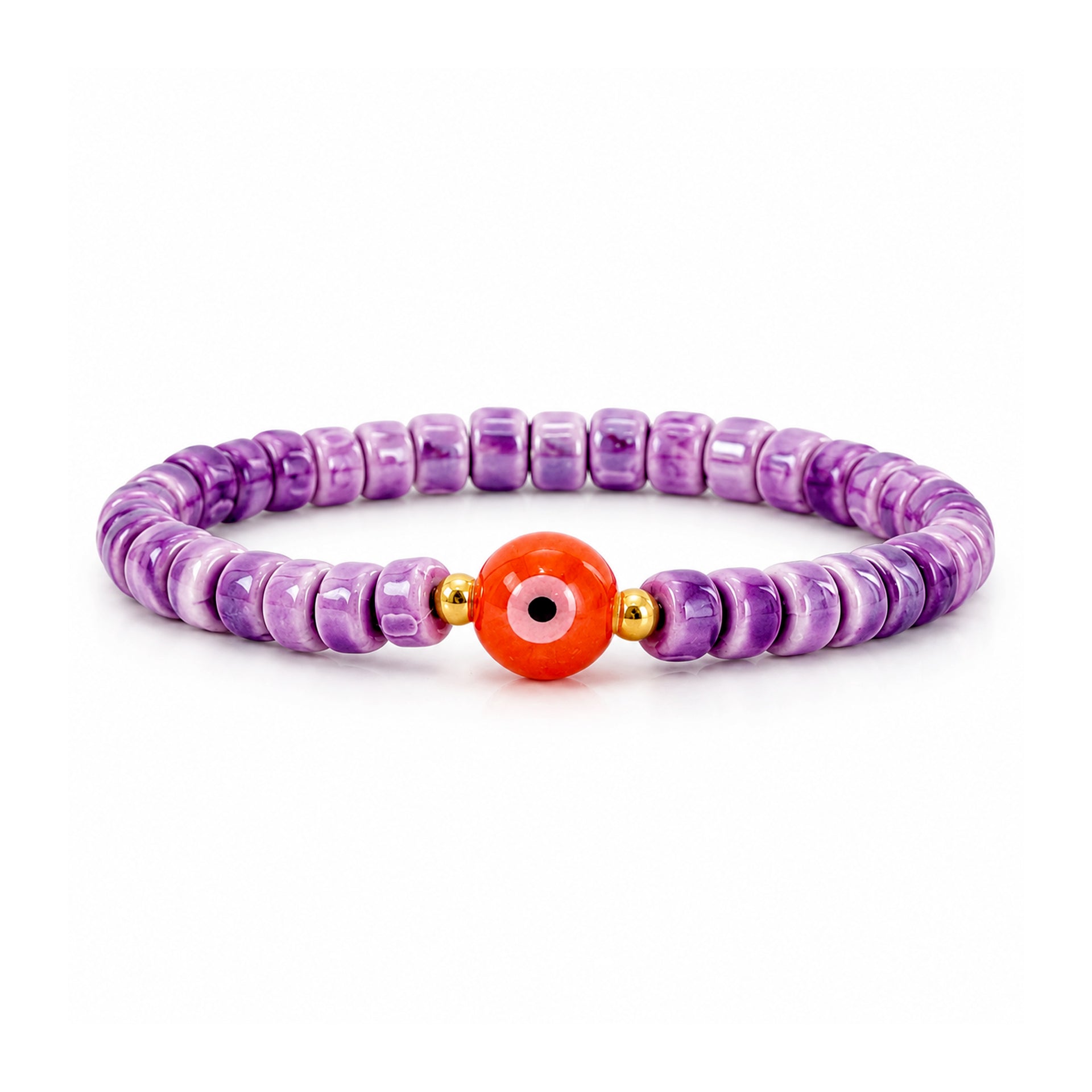 Sienna Ceramic Evil Eye Stretch Bracelet in purple with glossy ceramic beads gold-tone accents and ceramic evil eye focal bead