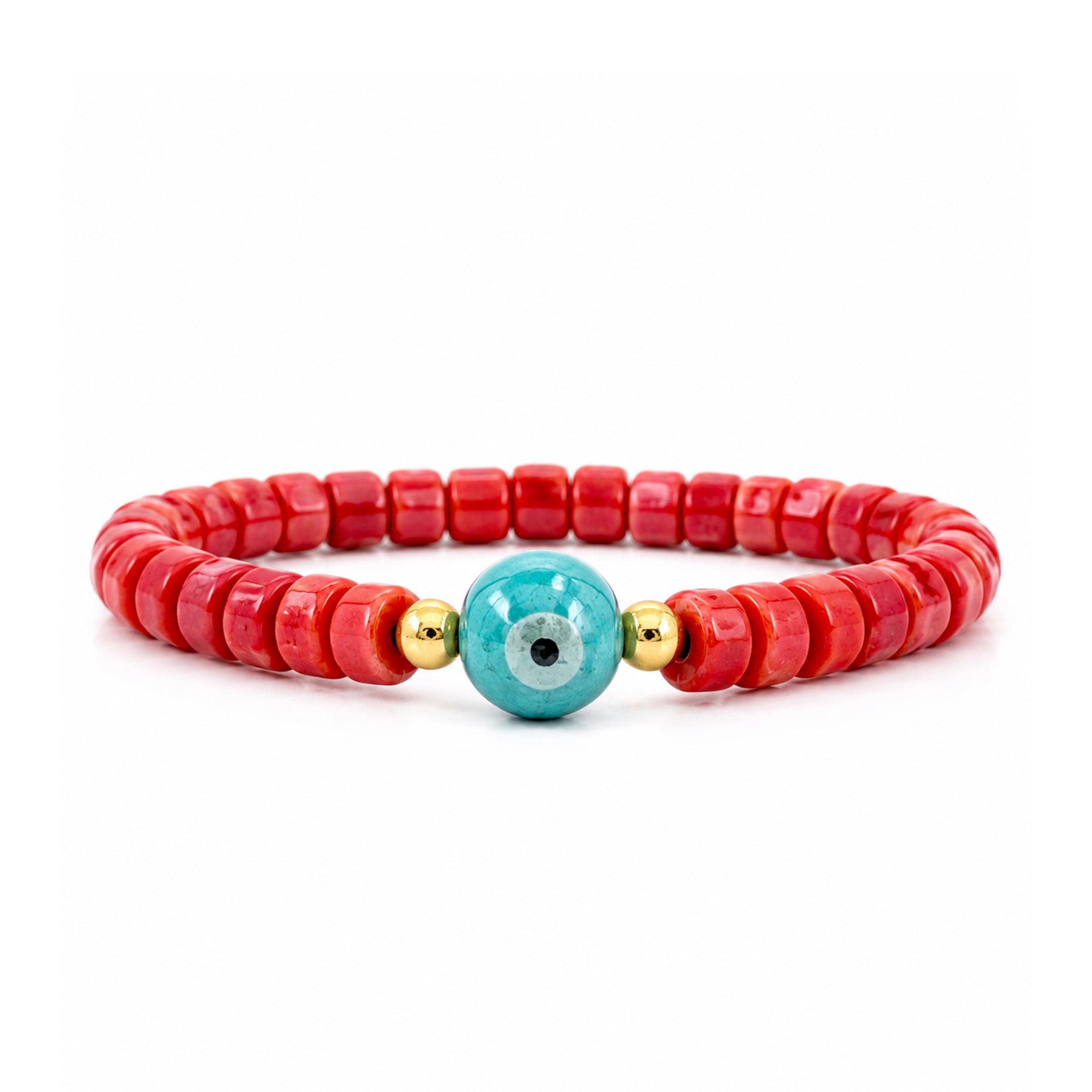 Sienna Ceramic Evil Eye Stretch Bracelet in red with glossy 6mm ceramic beads gold-tone accents and ceramic evil eye focal bead