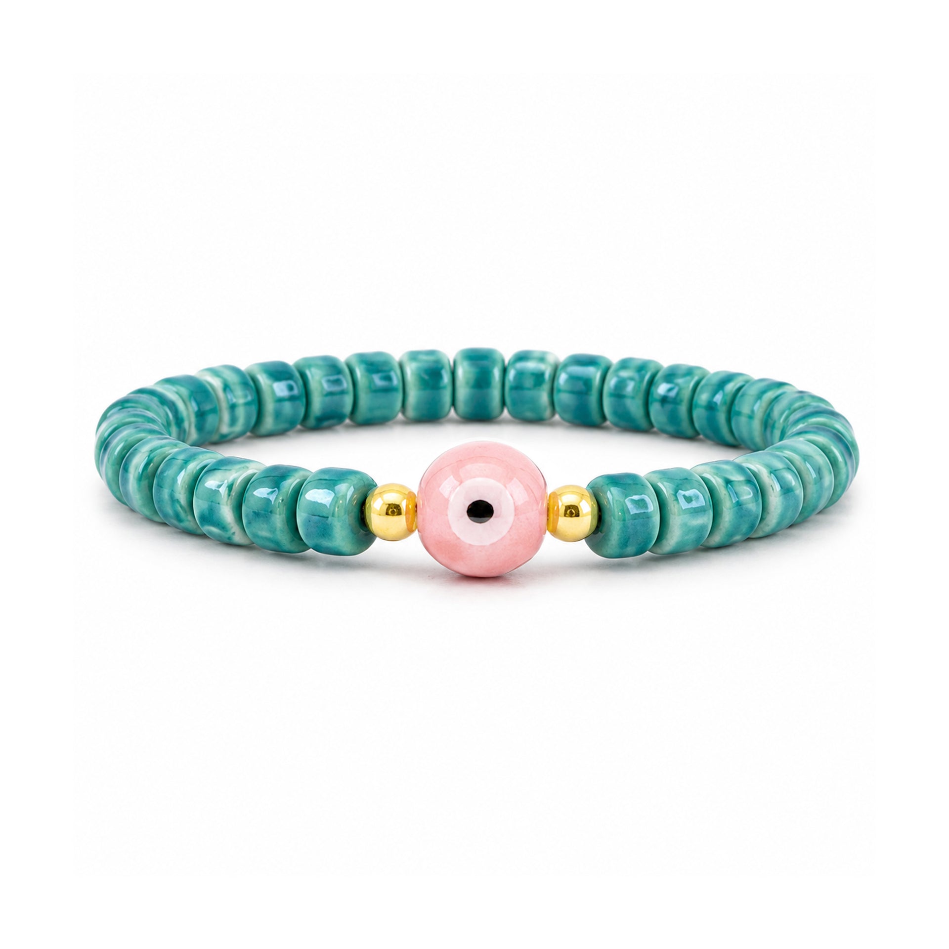 Sienna Ceramic Evil Eye Stretch Bracelet in teal with glossy ceramic beads gold-tone accents and ceramic evil eye focal bead