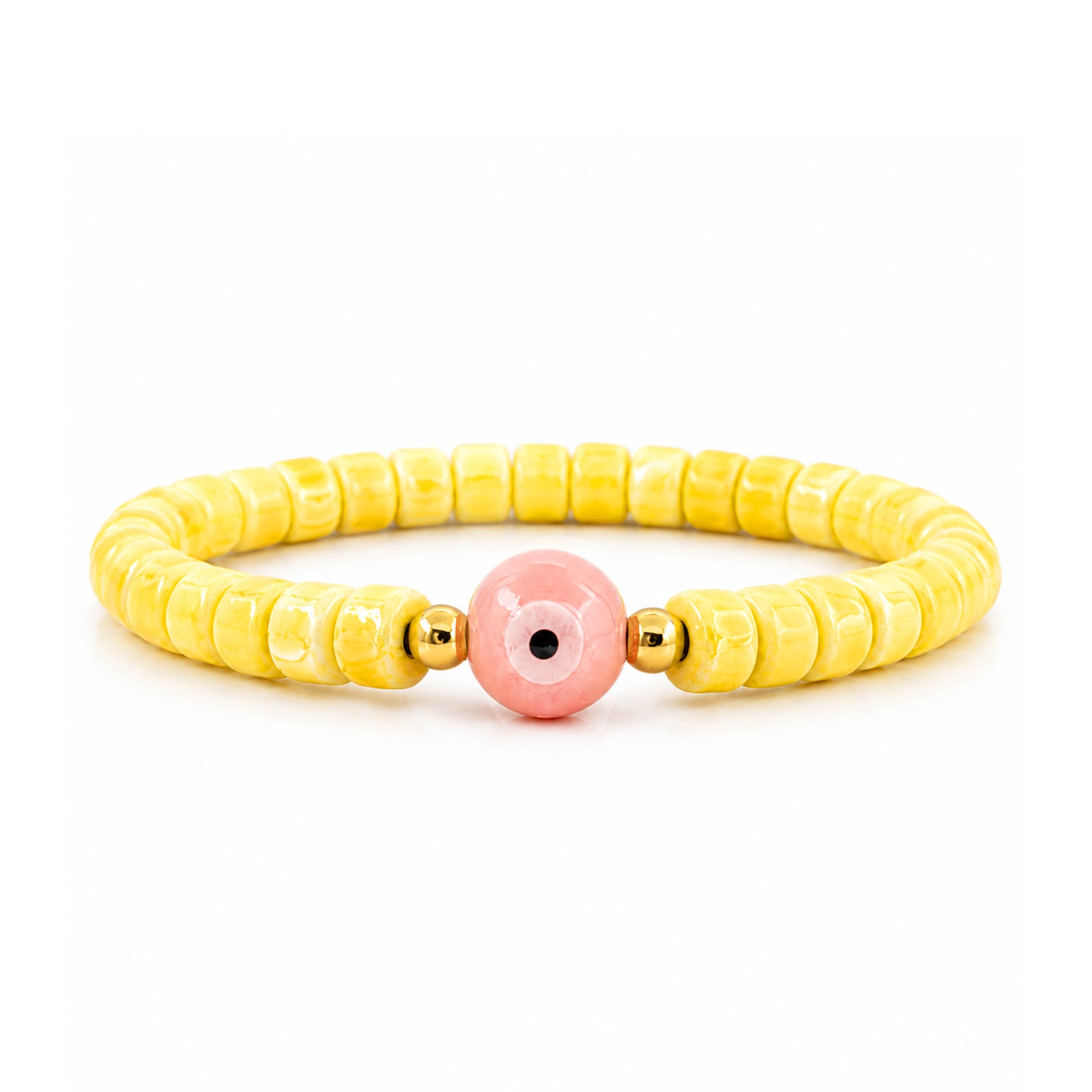 Sienna Ceramic Evil Eye Stretch Bracelet in yellow with glossy 6mm ceramic beads gold-tone accents and ceramic evil eye focal bead