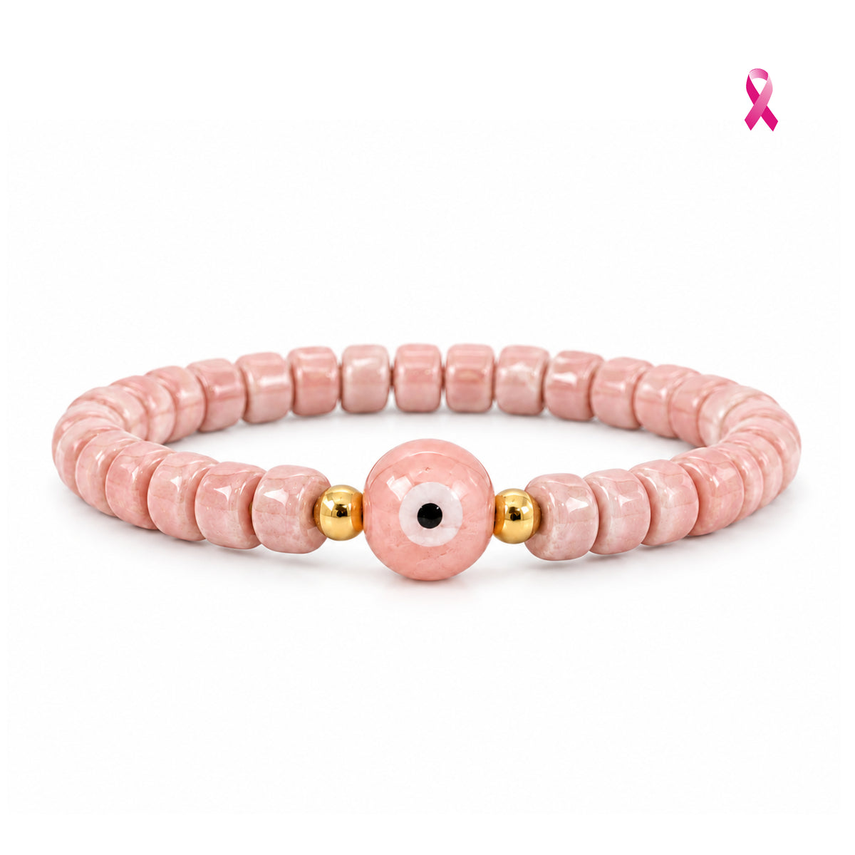 Pink ceramic evil eye bracelet with glossy pink rondelle beads and gold accents on white background
