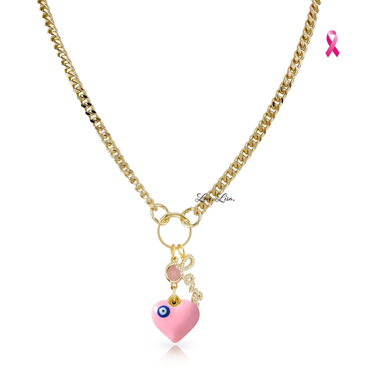 Love Lisa Silvie Breast Cancer Awareness Guarded Heart Necklace with smooth pink heart charm, evil eye detail, sparkling LOVE charm, and gold-tone chain