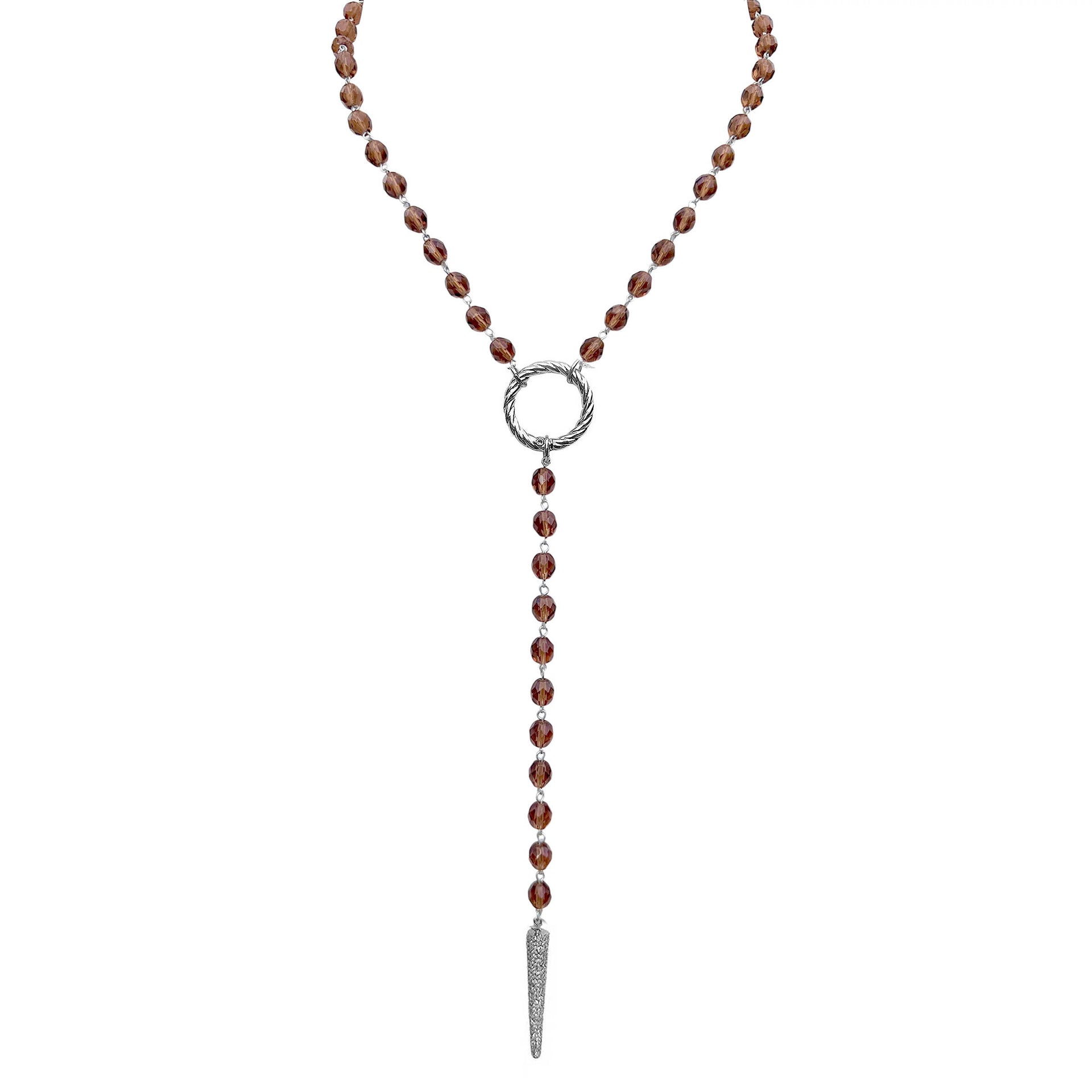 Necklace with brown beads and a silver pendant on a white background