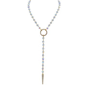 Necklace with beaded chain and circular pendant on a white background