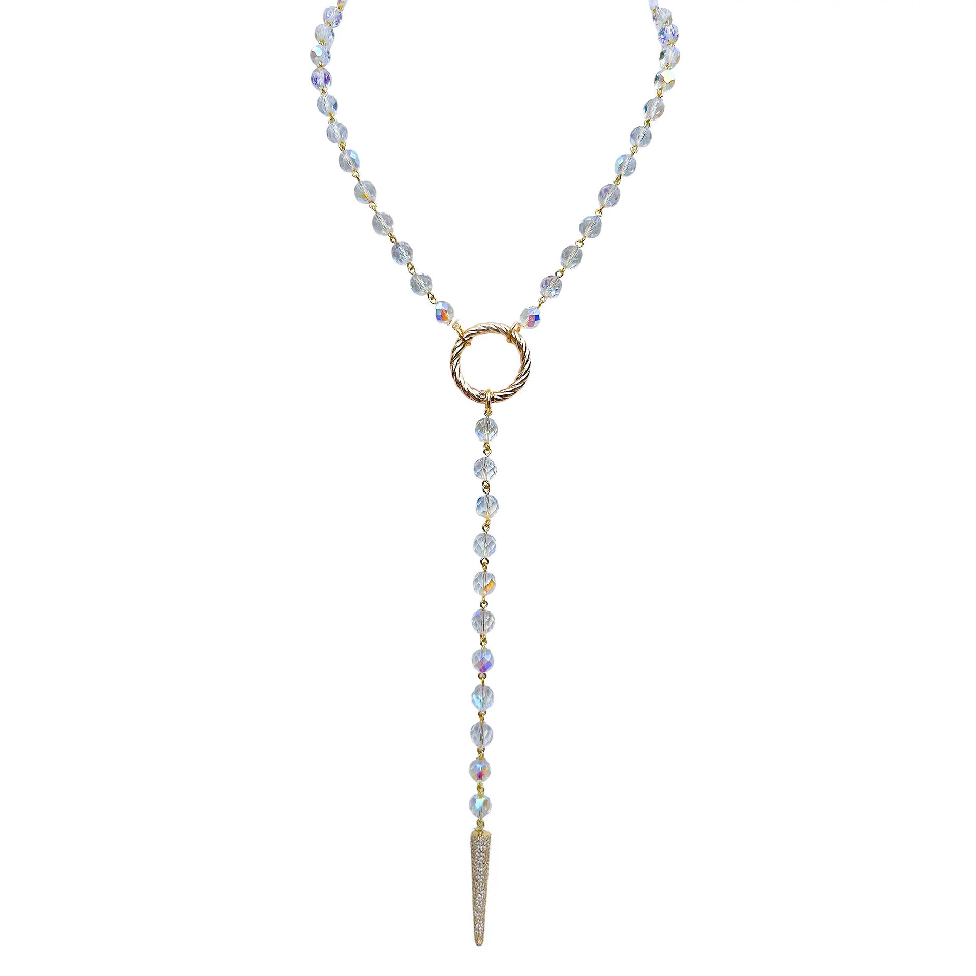 Necklace with beaded chain and circular pendant on a white background