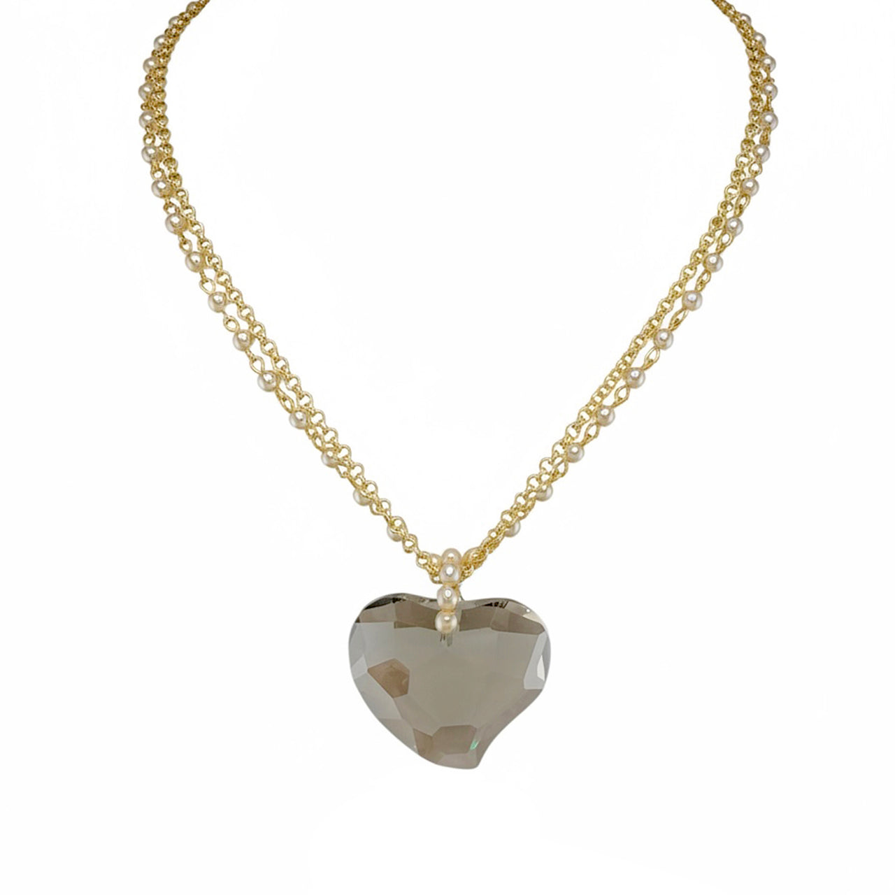 love lisa smokey glass heart double strand necklace gold layered pearl chain with smokey heart pendant
