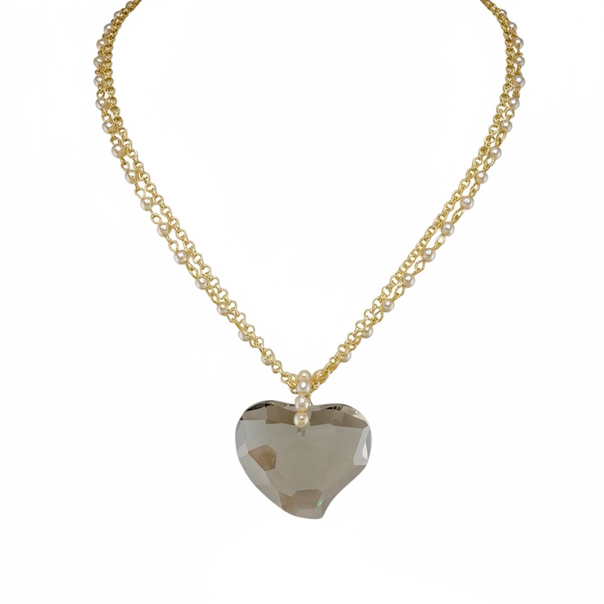 love lisa smokey glass heart double strand necklace gold layered pearl chain with smokey heart pendant