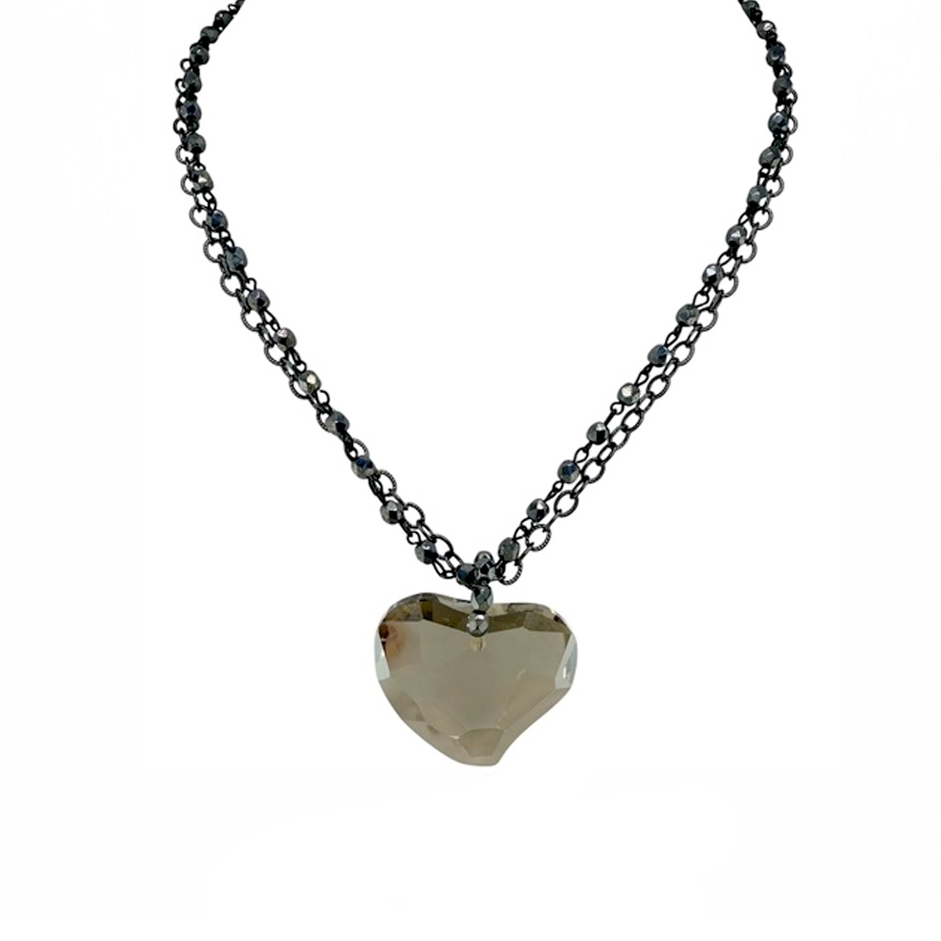 smokey glass heart double strand necklace gunmetal layered chain with smokey heart pendant