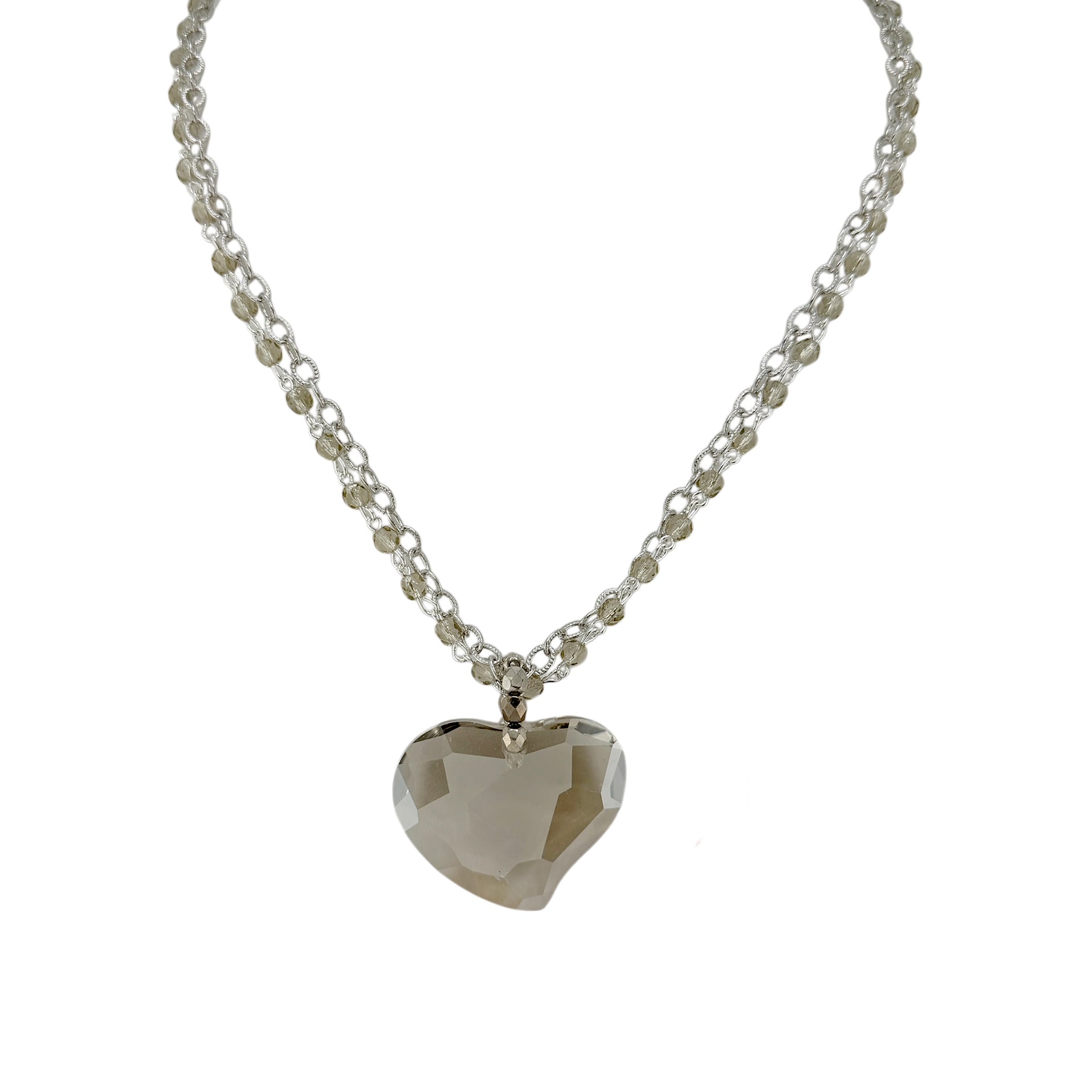smokey glass heart double strand necklace silver layered chain with smokey heart pendant