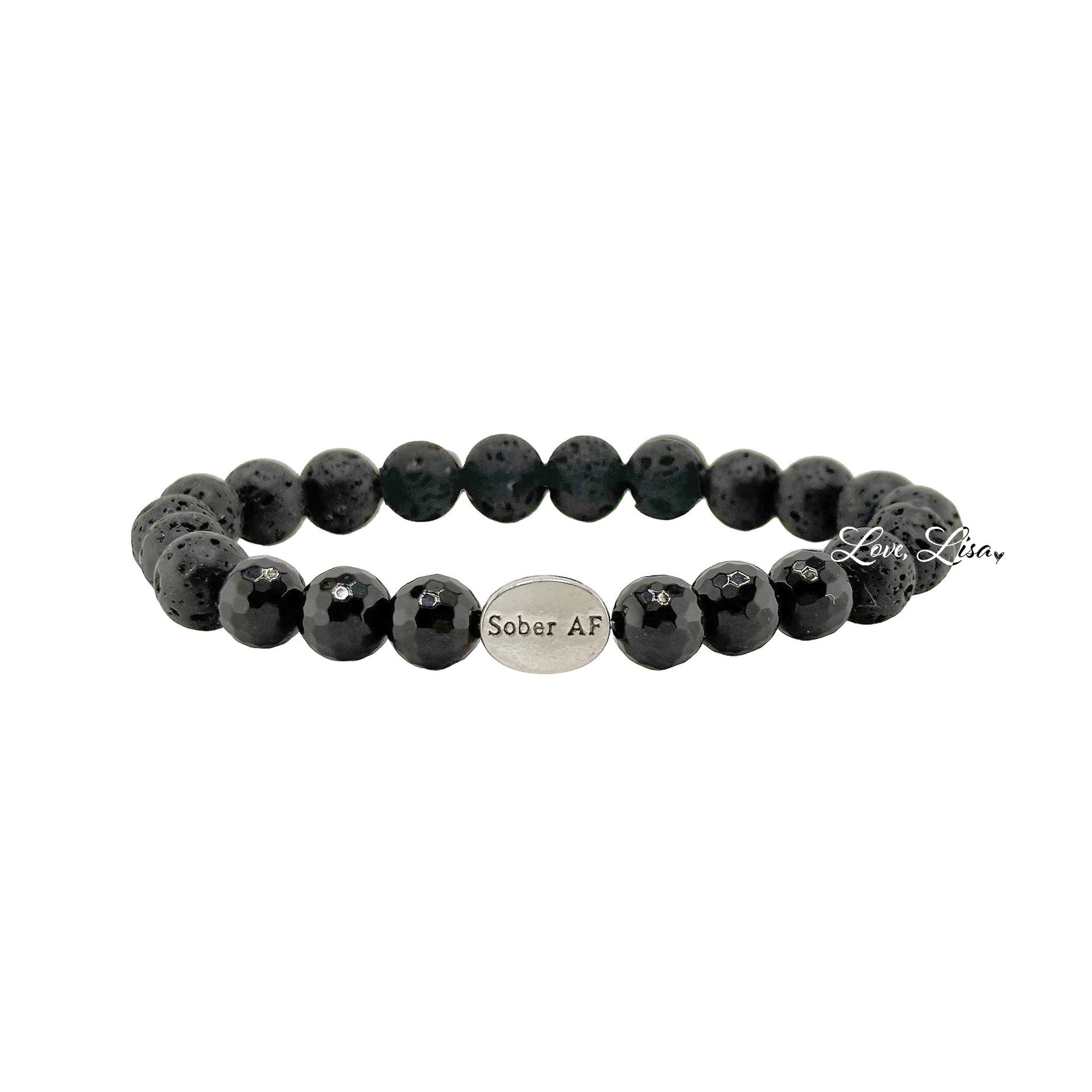 Logan Recovery and Strength Sober Bracelet Collection. Celebrate recovery with a silver bracelet with onyx and lava rock, complete with a guardian angel charm, perfect sobriety, gift for men and women
