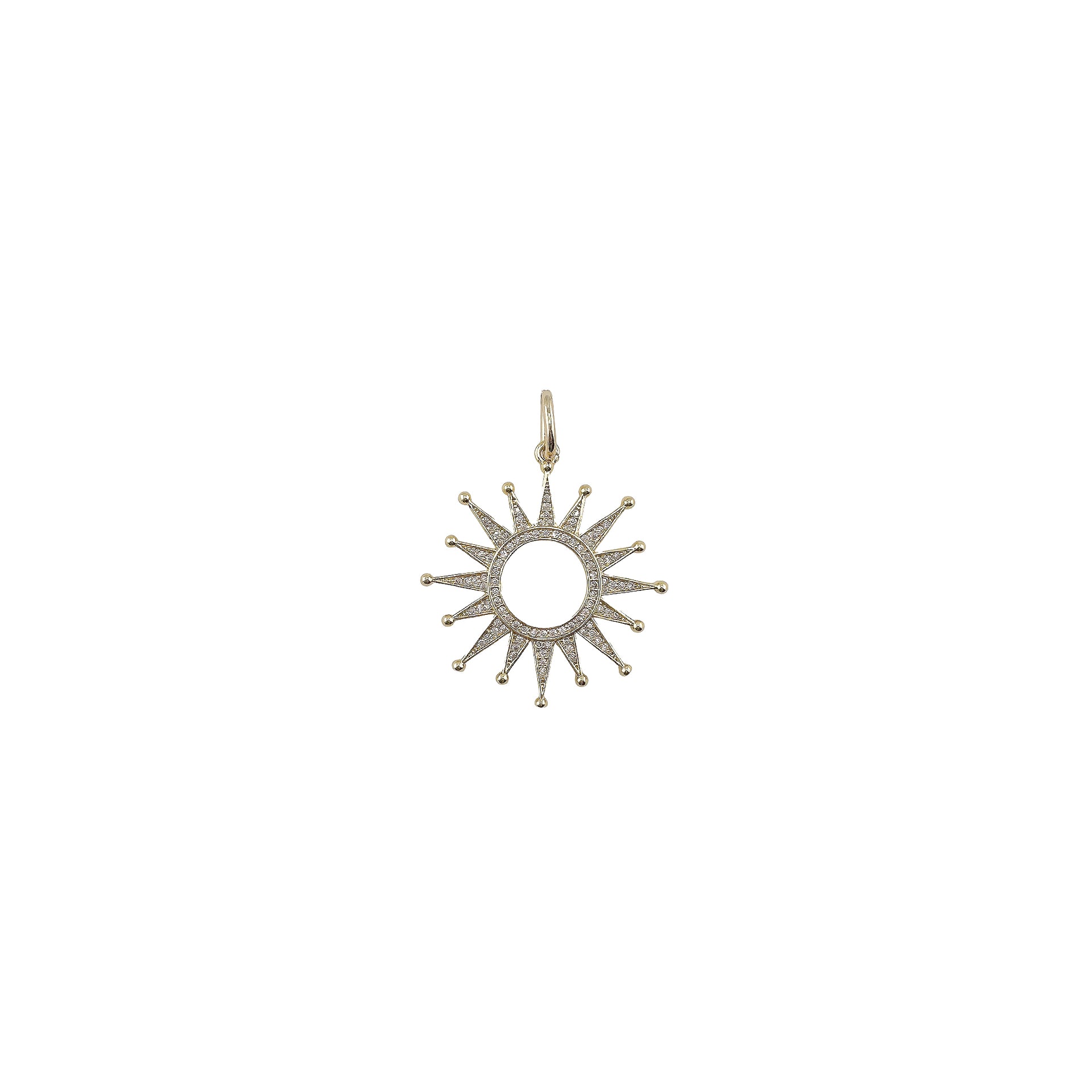 Gold sunburst charm with pavé detailing from Love, Lisa Jewelry – available in Black Diamond and Gunmetal finishes