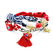 Love Lisa Soleil bandana charm necklace styled as a wrap accessory anklet with scarf fabric tassels evil eye beads and colorful charms