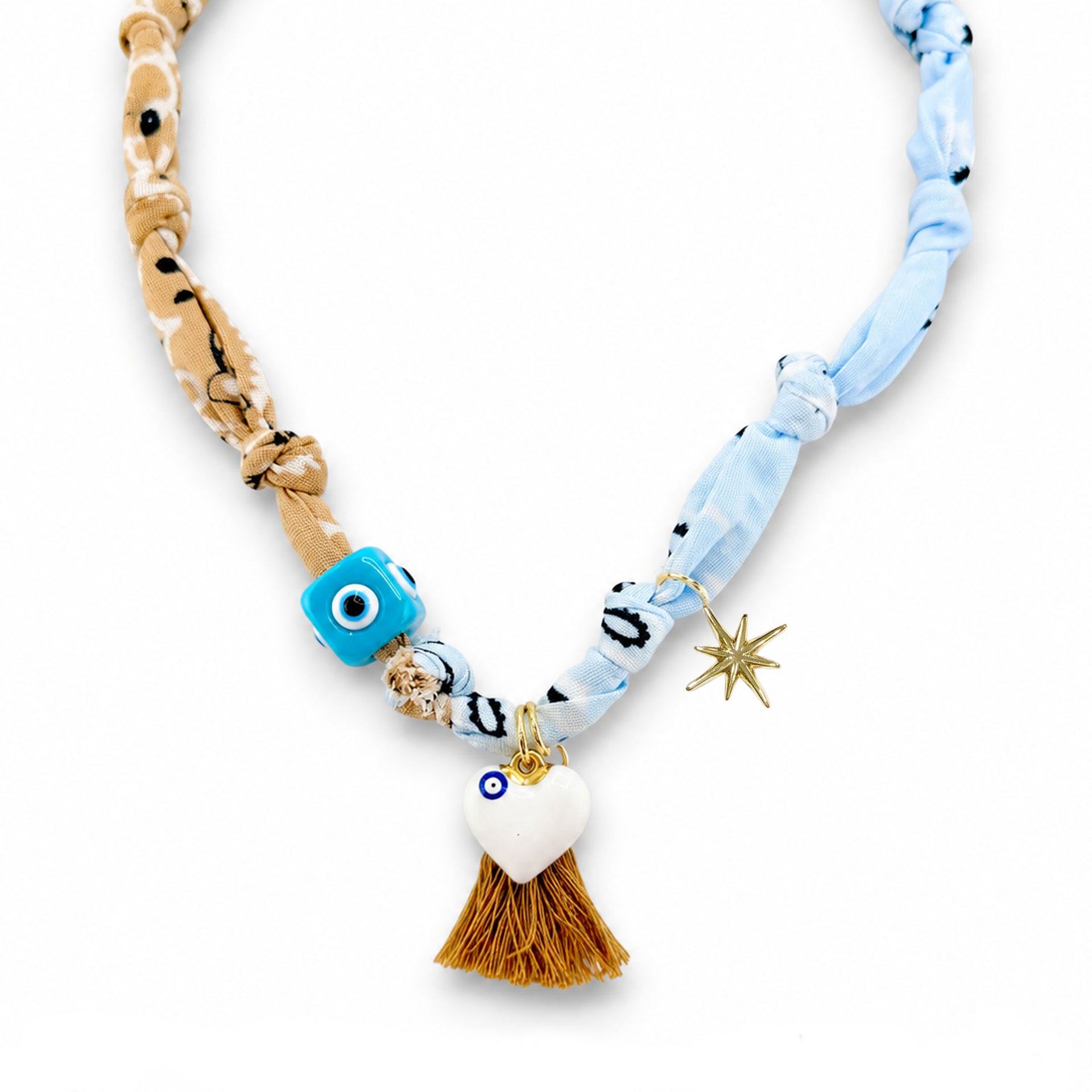Soleil bandana charm necklace Coastal Sky with blue neutral scarf fabric evil eye beads tassel heart charm and layered charm details