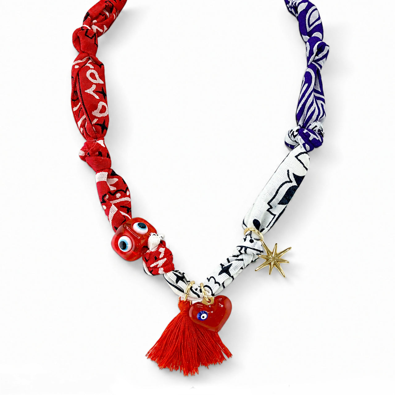Love Lisa colorful bandana charm necklace with evil eye beads tassel heart charm and layered resort style details