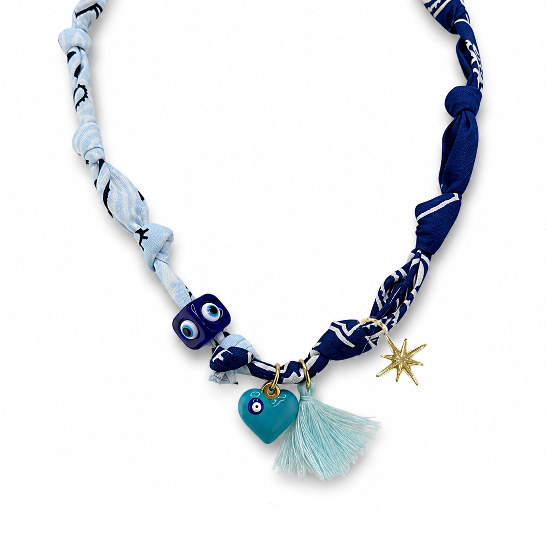 Soleil bandana charm necklace Midnight Coast with navy scarf fabric tassel evil eye beads glossy heart charm and star accents