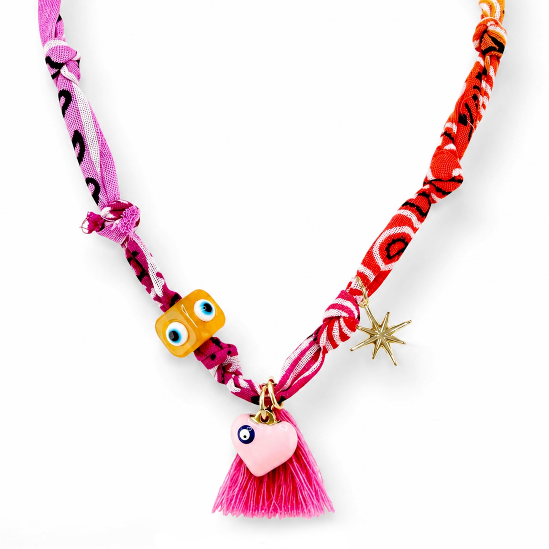 Soleil bandana charm necklace Sunset Rose Coral with coral pink scarf fabric tassel evil eye beads enamel accents and heart charm