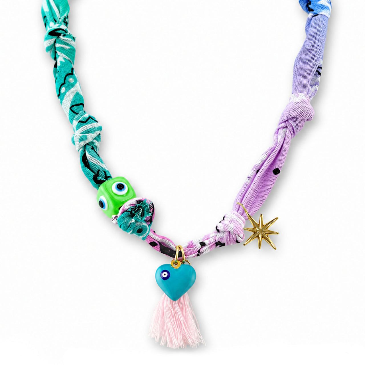 Soleil bandana charm necklace Tropic Mint Pink with mint pink scarf fabric evil eye beads tassel enamel accents and glossy heart charm