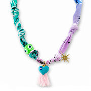 Soleil bandana charm necklace Tropic Mint Pink with mint pink scarf fabric evil eye beads tassel enamel accents and glossy heart charm