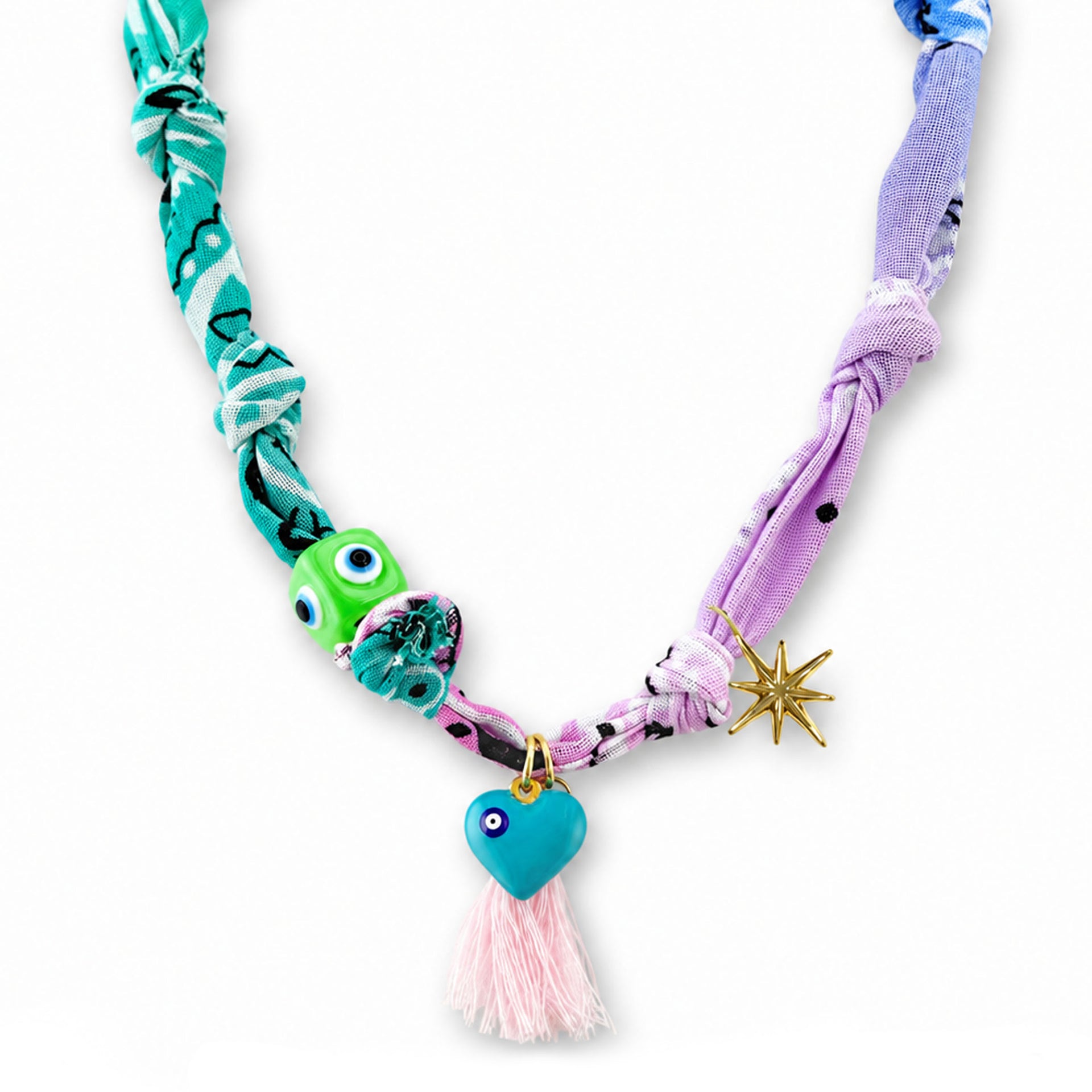 Soleil bandana charm necklace Tropic Mint Pink with mint pink scarf fabric evil eye beads tassel enamel accents and glossy heart charm