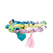 Tropic Mint and Pink bandana wrap with green evil eye cube and teal heart charm with pink tassel

