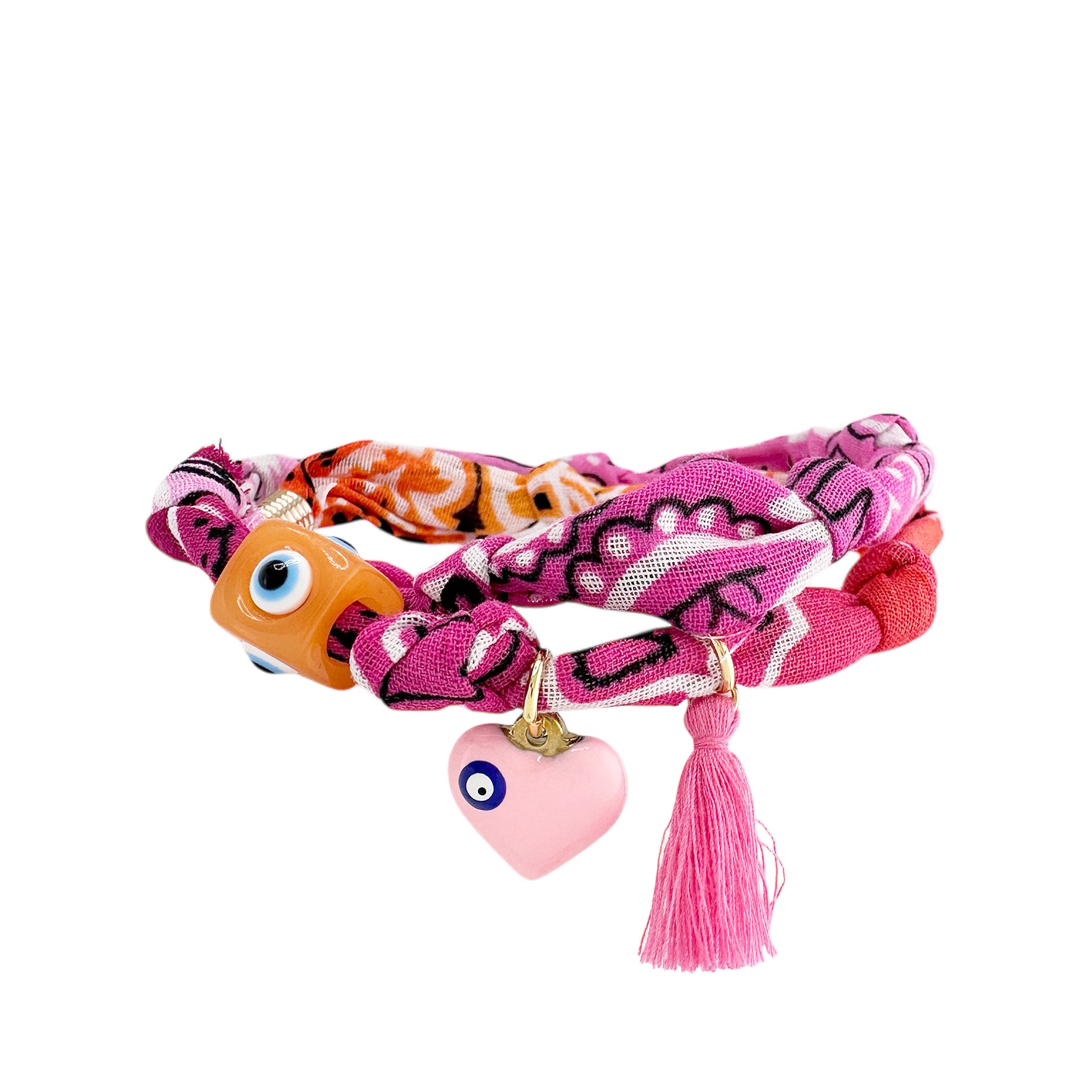 Sunset Rose and Coral bandana wrap with orange evil eye cube and soft pink heart charm and pink tassel