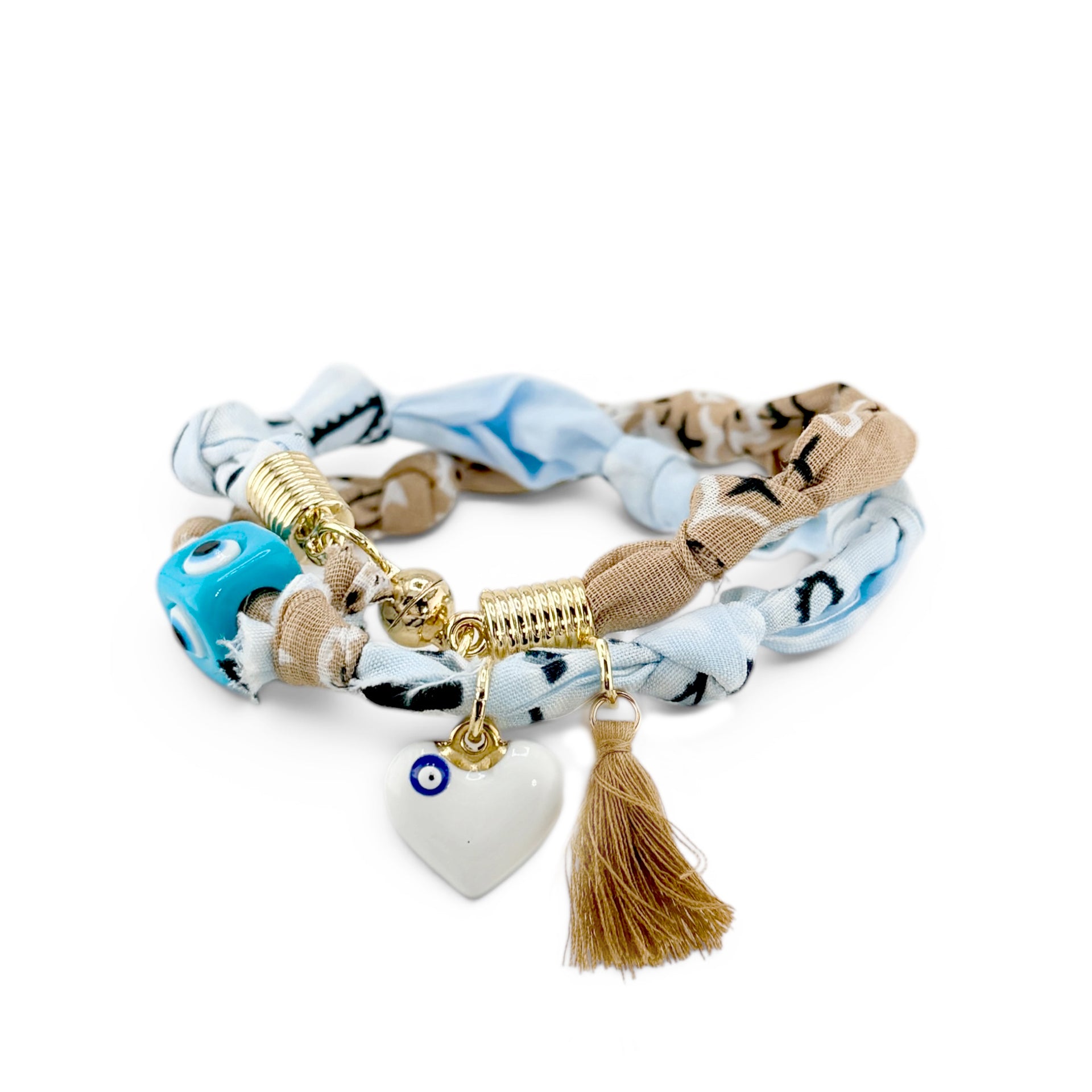 coastal sky bandana charm wrap with neutral fabric evil eye beads tassel and magnetic clasp