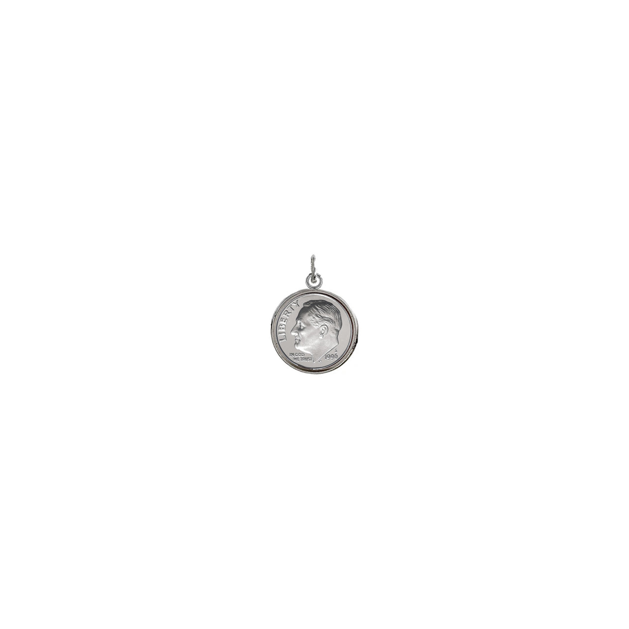 A silver charm in the shape of a U.S. dime, with a figure's face engraved on it, suspended from a small chain.