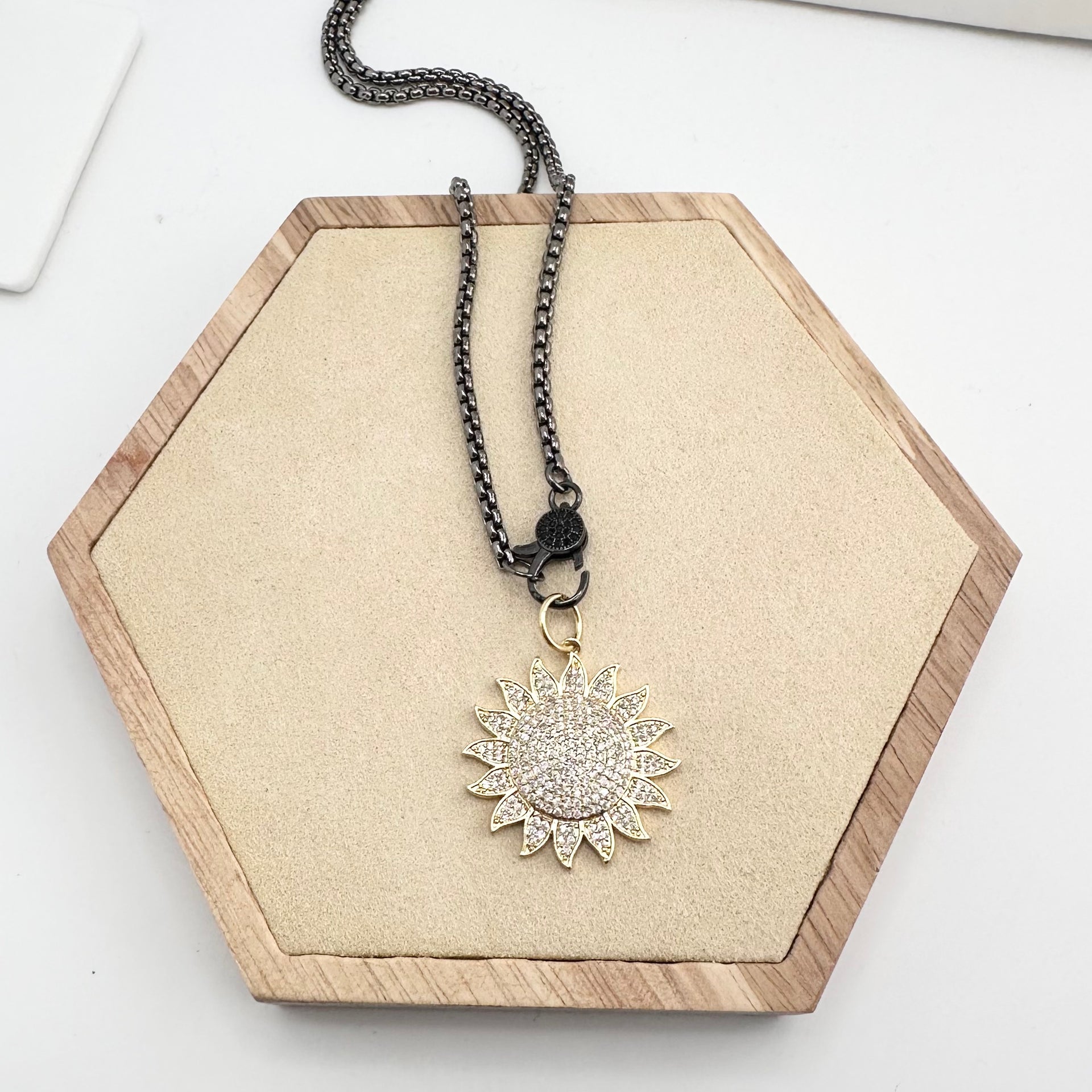 Sophia Sun Pendant on chain – celestial charm styled as a necklace

