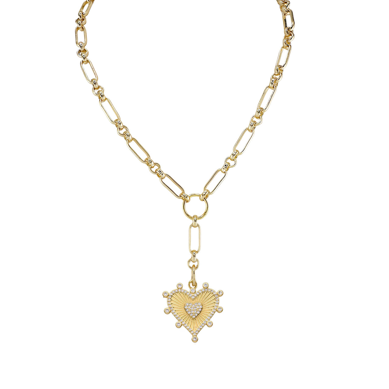 Sophia Heart Medallion Necklace with bold gold chain and dual heart pendant on white backgroud